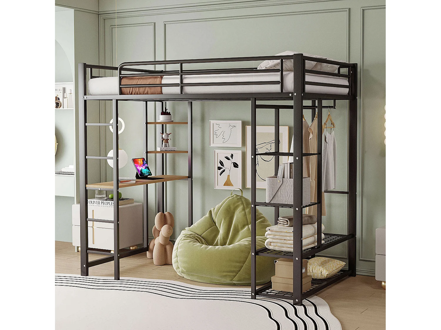 Hochbett 90x200 cm - Metall - Kinderbett mit Tisch und Ablage - schwarz - ohne Matratze