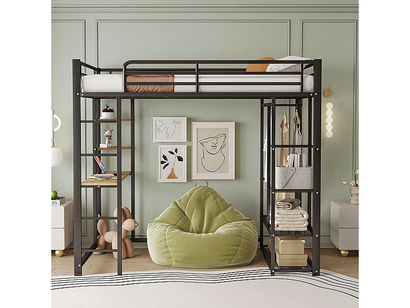 Lit mezzanine 90x200 cm - métal - Lit enfant avec table et étagère de rangement - noir - sans matelas