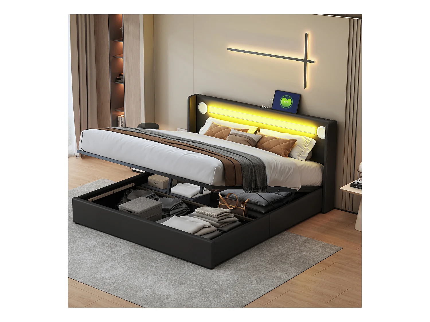 Bett mit Stauraum 160 x 200 cm – schwarzer PU-Stoff – Doppelbett mit USB-Ladefunktion und Bluetooth-Player – LED-Beleuchtung – ohne Matratze
