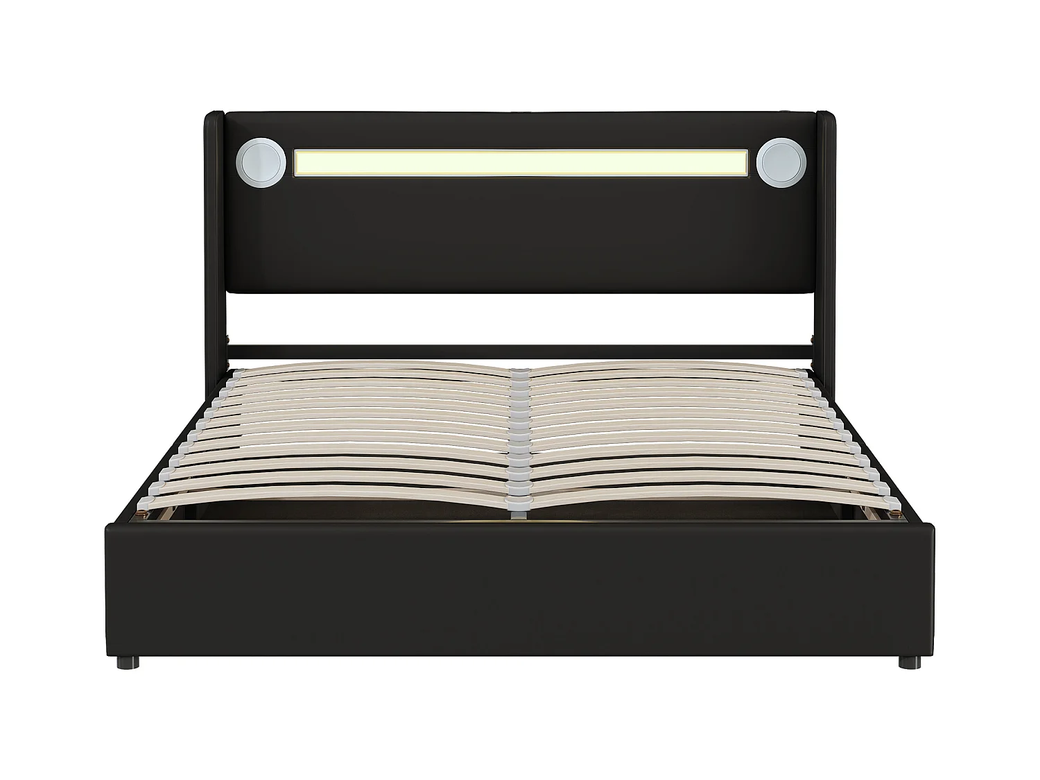 Bett mit Stauraum 160 x 200 cm – schwarzer PU-Stoff – Doppelbett mit USB-Ladefunktion und Bluetooth-Player – LED-Beleuchtung – ohne Matratze