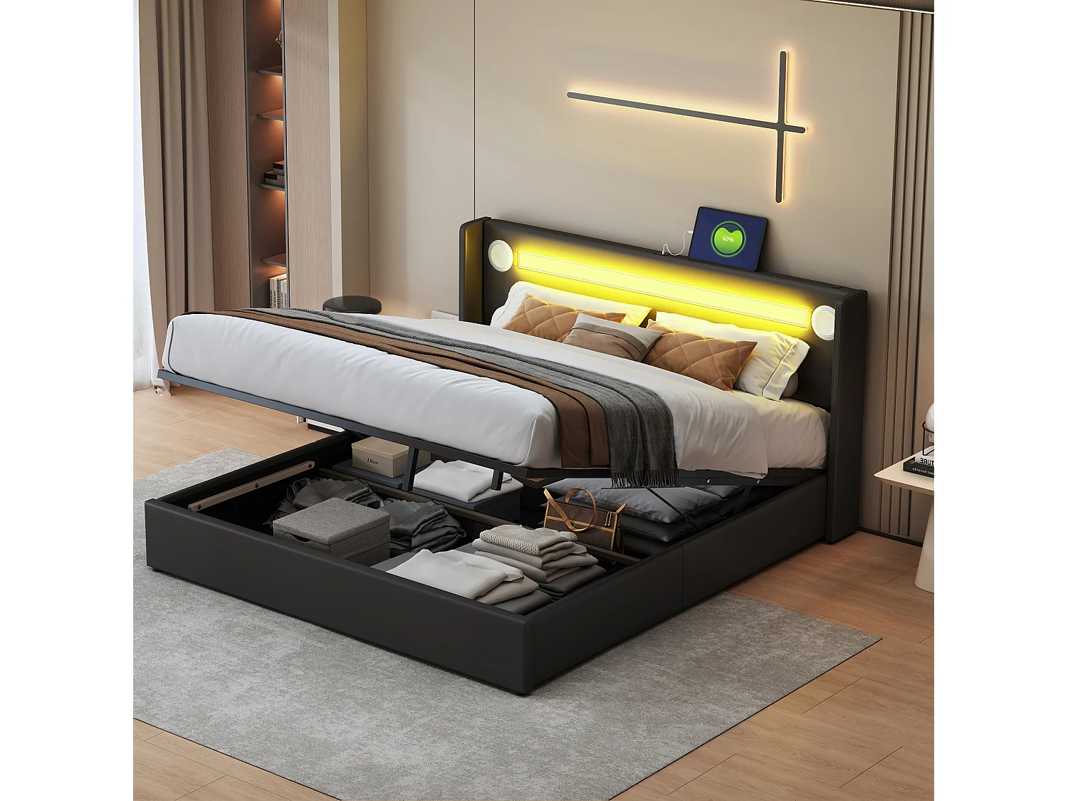 Bett mit Stauraum 160 x 200 cm – schwarzer PU-Stoff – Doppelbett mit USB-Ladefunktion und Bluetooth-Player – LED-Beleuchtung – ohne Matratze