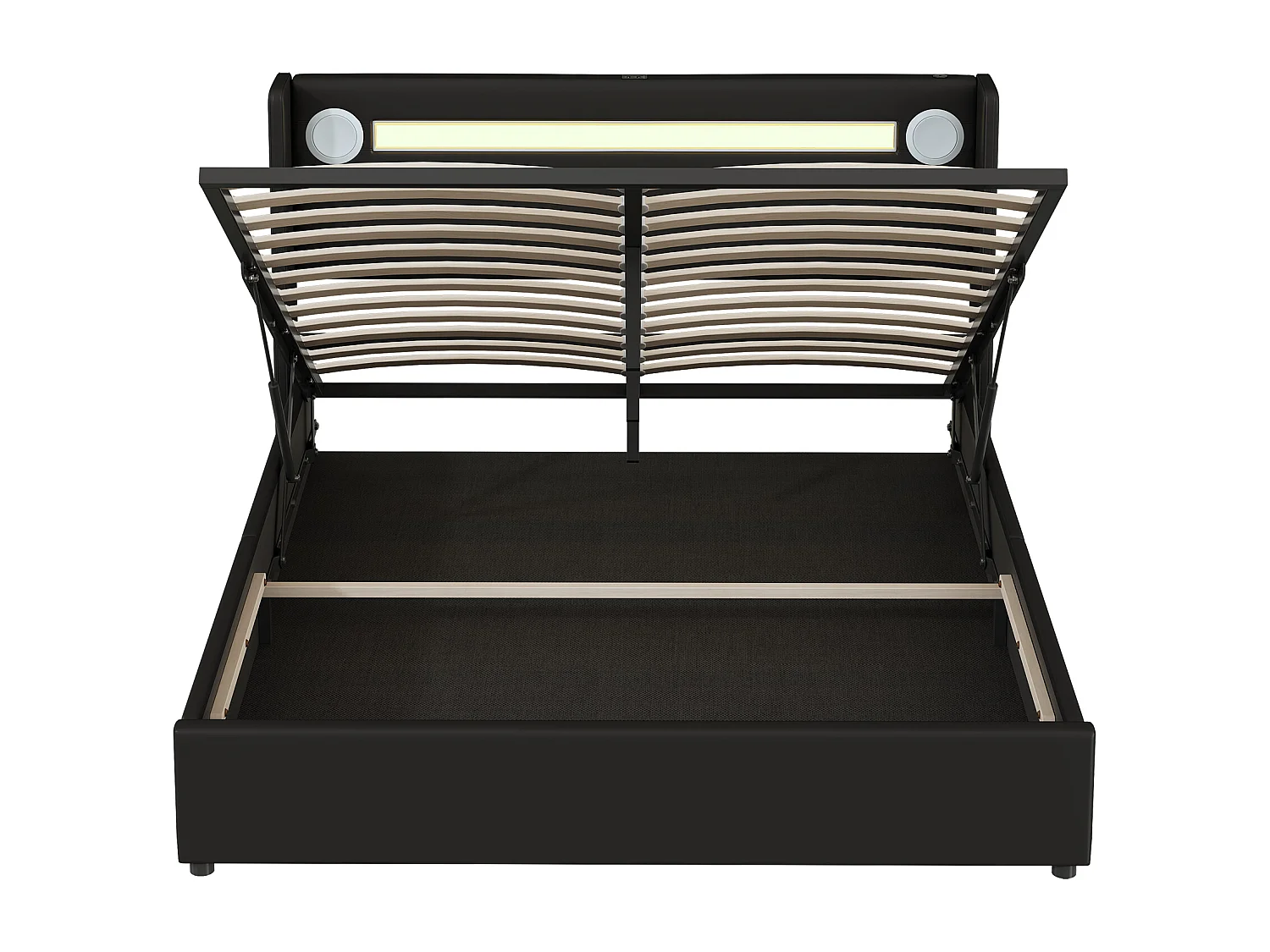 Bett mit Stauraum 160 x 200 cm – schwarzer PU-Stoff – Doppelbett mit USB-Ladefunktion und Bluetooth-Player – LED-Beleuchtung – ohne Matratze