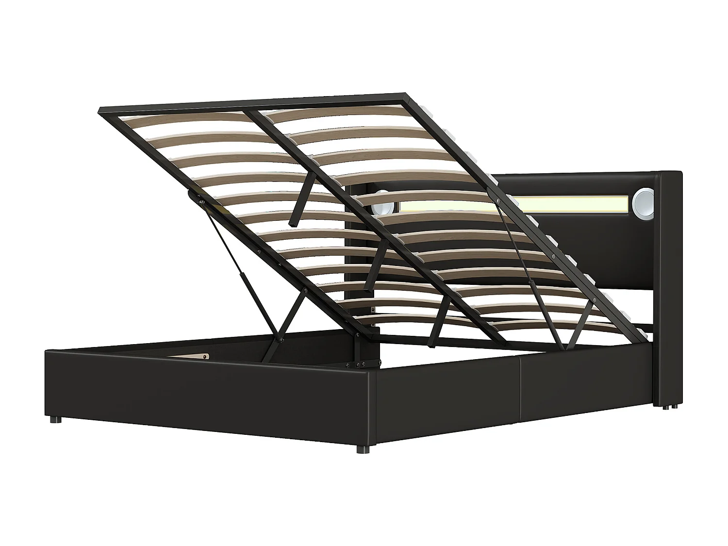 Bett mit Stauraum 160 x 200 cm – schwarzer PU-Stoff – Doppelbett mit USB-Ladefunktion und Bluetooth-Player – LED-Beleuchtung – ohne Matratze