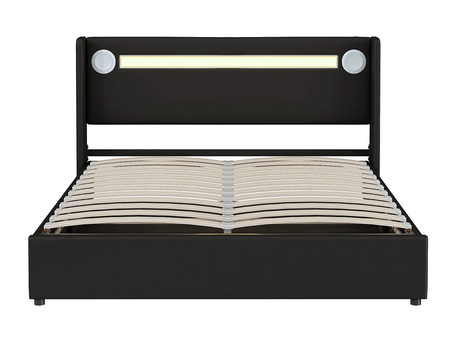 Bett mit Stauraum 160 x 200 cm – schwarzer PU-Stoff – Doppelbett mit USB-Ladefunktion und Bluetooth-Player – LED-Beleuchtung – ohne Matratze