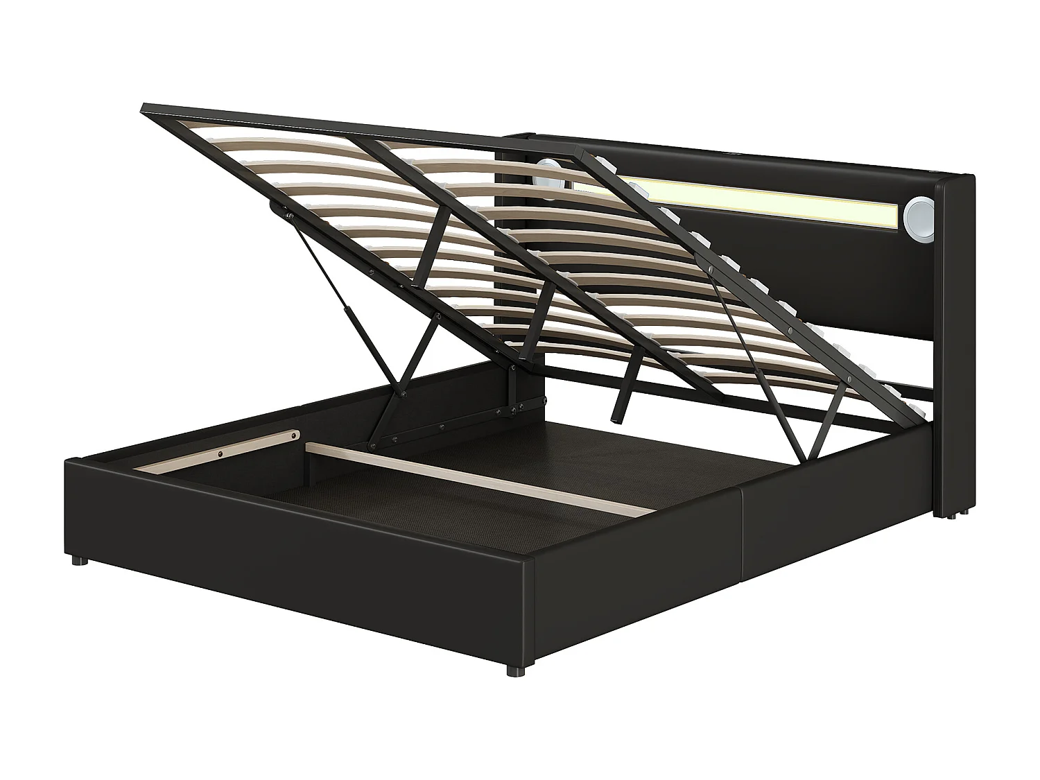 Bett mit Stauraum 160 x 200 cm – schwarzer PU-Stoff – Doppelbett mit USB-Ladefunktion und Bluetooth-Player – LED-Beleuchtung – ohne Matratze