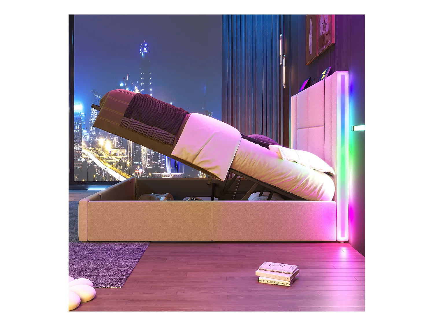 Bed met opbergruimte 140x200 cm - beige linnen - volwassen bed met led-verlichting en USB-oplaadfunctie - zonder matras