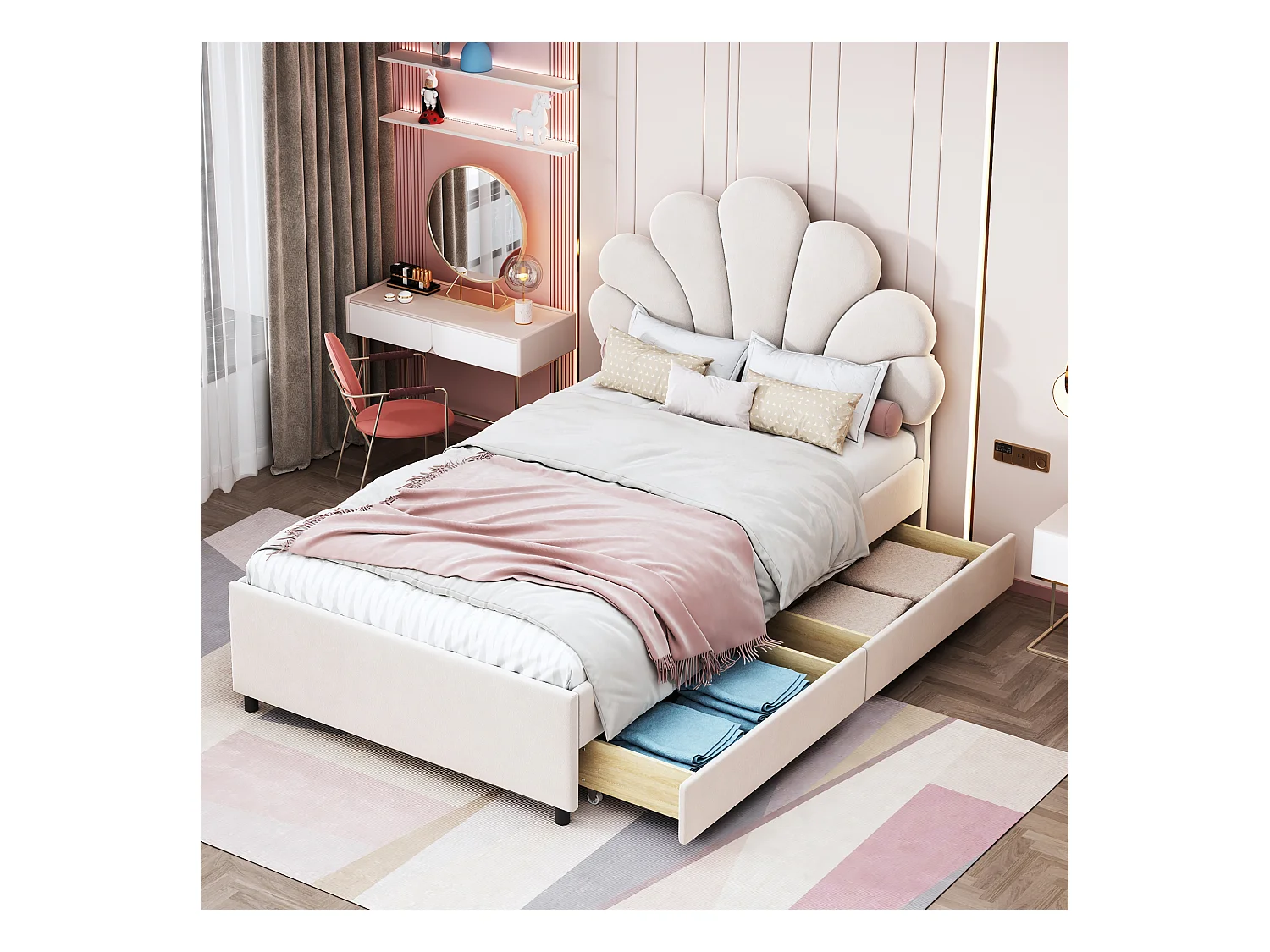 Lit enfant 90 x 200 cm - velours beige - avec tête de lit et sommier à lattes capitonnés - 2 tiroirs - sans matelas