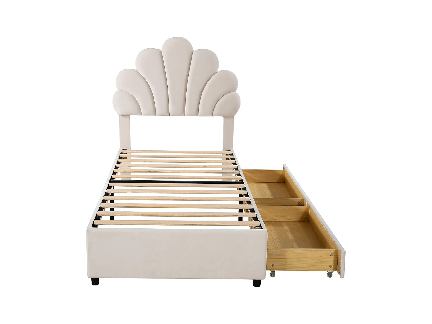 Lit enfant 90 x 200 cm - velours beige - avec tête de lit et sommier à lattes capitonnés - 2 tiroirs - sans matelas