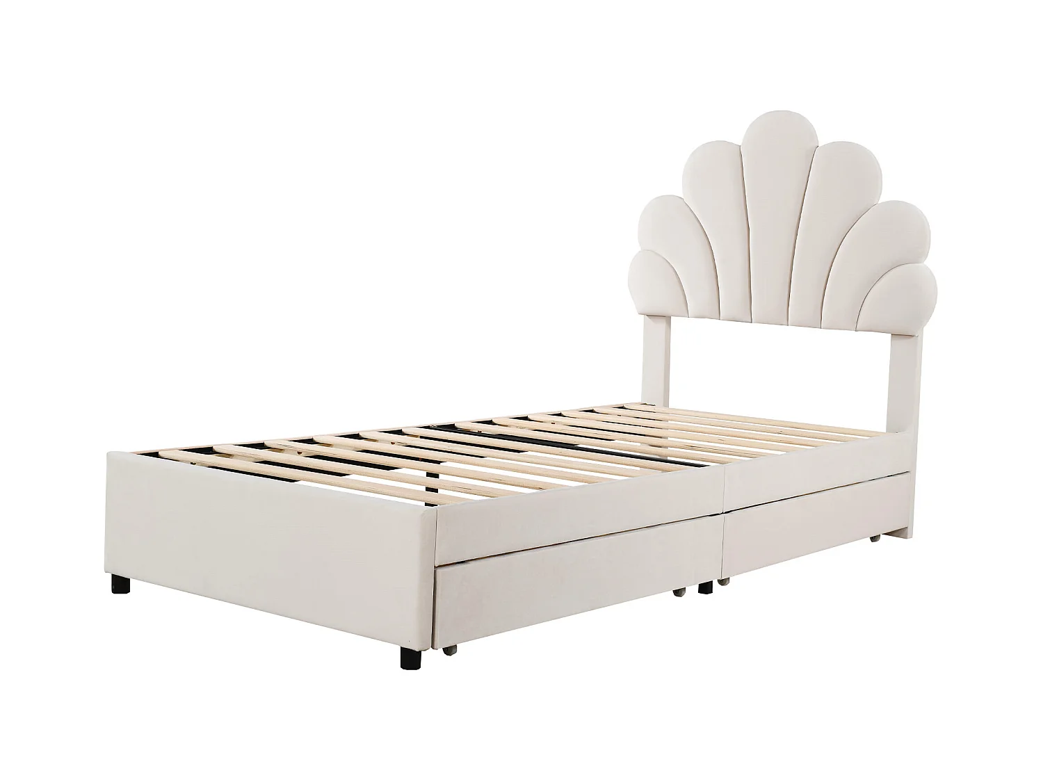 Lit enfant 90 x 200 cm - velours beige - avec tête de lit et sommier à lattes capitonnés - 2 tiroirs - sans matelas