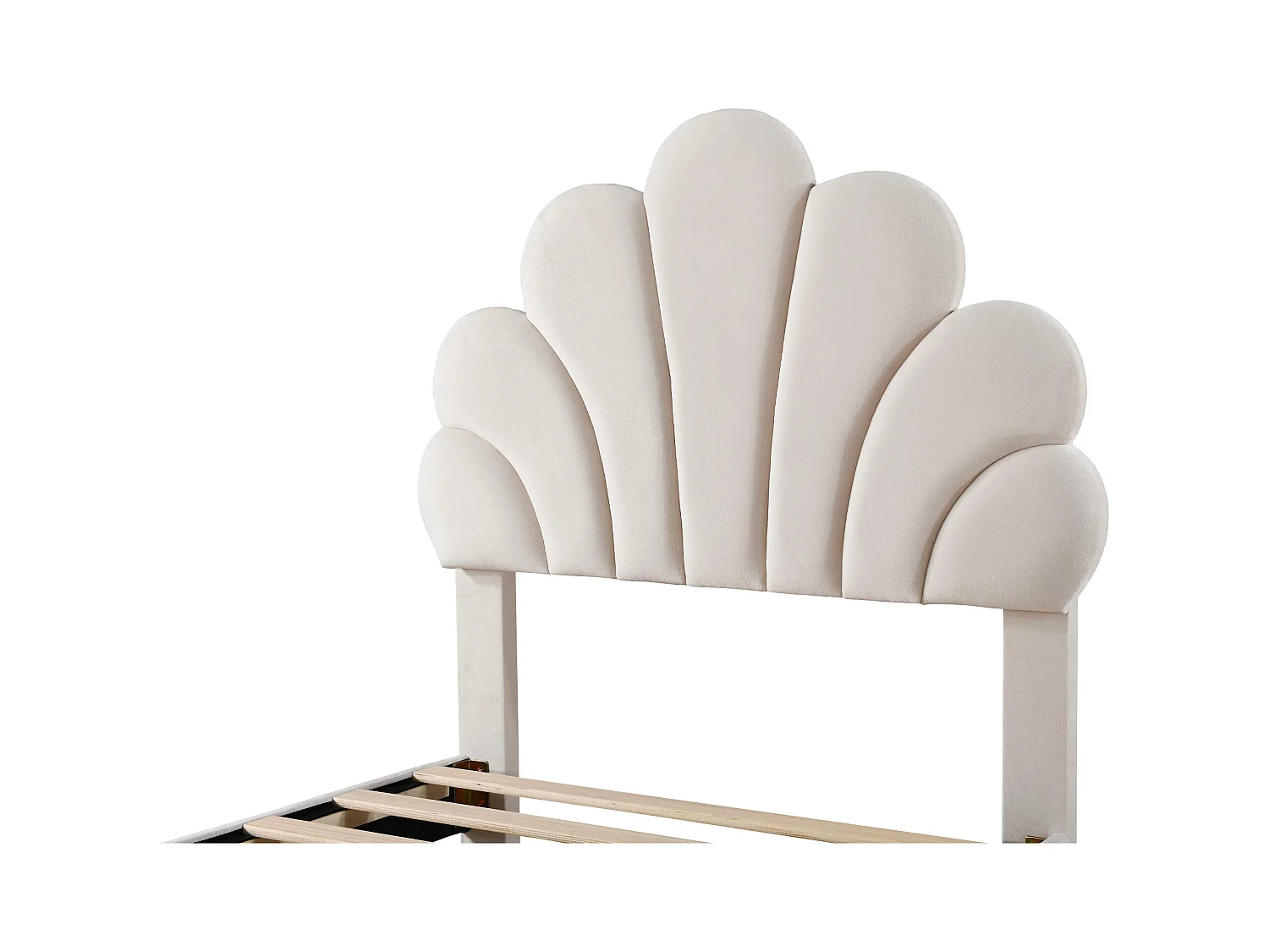 Lit enfant 90 x 200 cm - velours beige - avec tête de lit et sommier à lattes capitonnés - 2 tiroirs - sans matelas