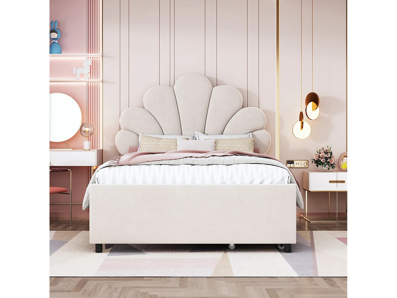 Lit enfant 90 x 200 cm - velours beige - avec tête de lit et sommier à lattes capitonnés - 2 tiroirs - sans matelas