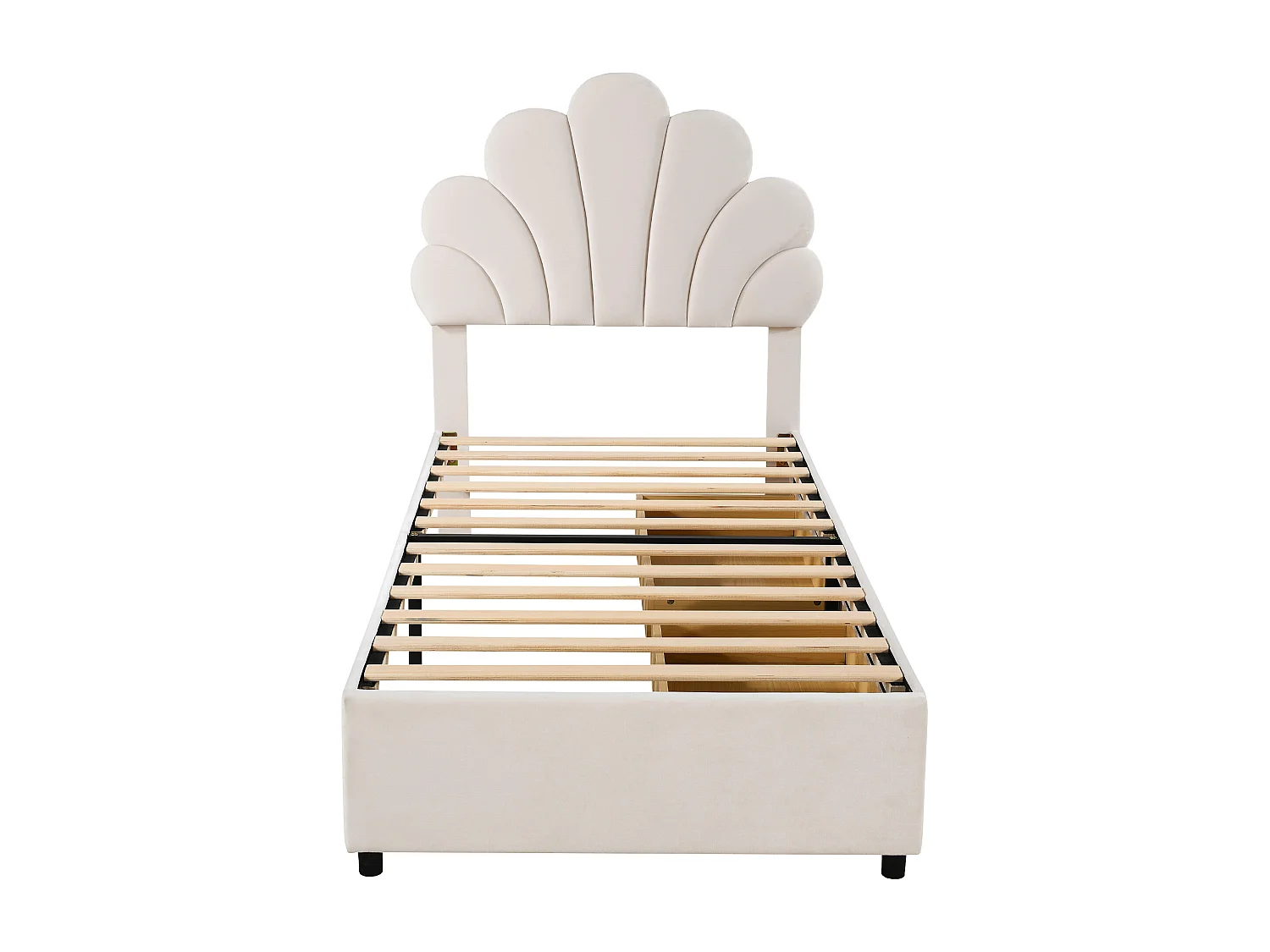 Lit enfant 90 x 200 cm - velours beige - avec tête de lit et sommier à lattes capitonnés - 2 tiroirs - sans matelas