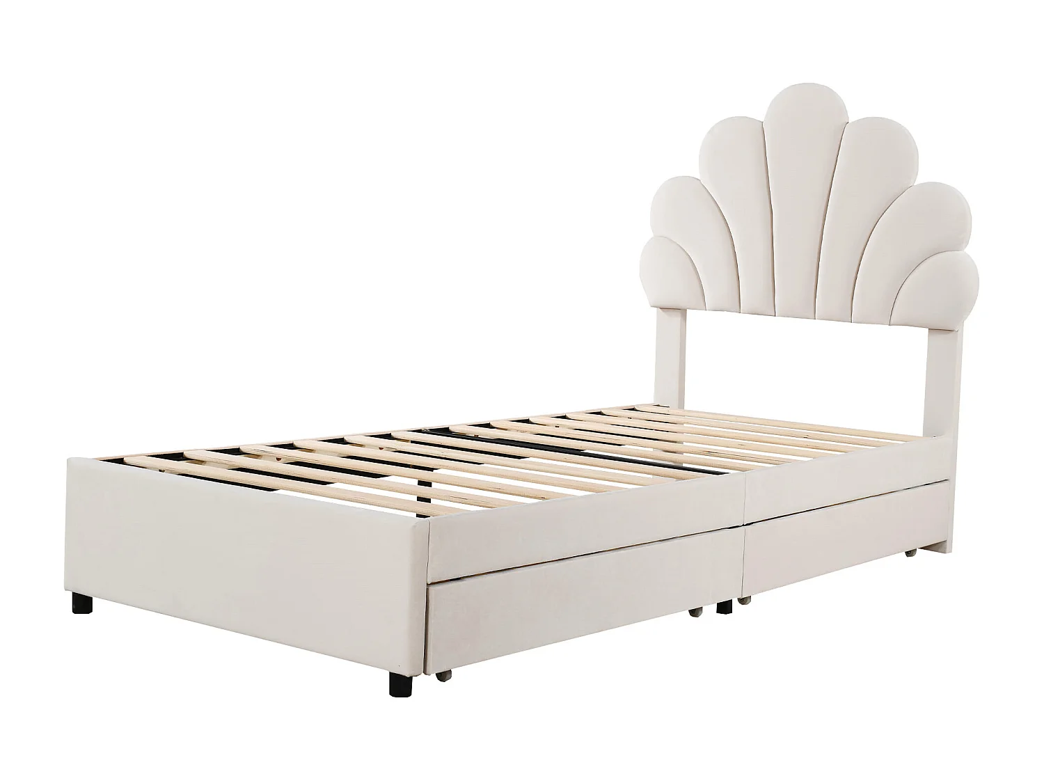 Lit enfant 90 x 200 cm - velours beige - avec tête de lit et sommier à lattes capitonnés - 2 tiroirs - sans matelas