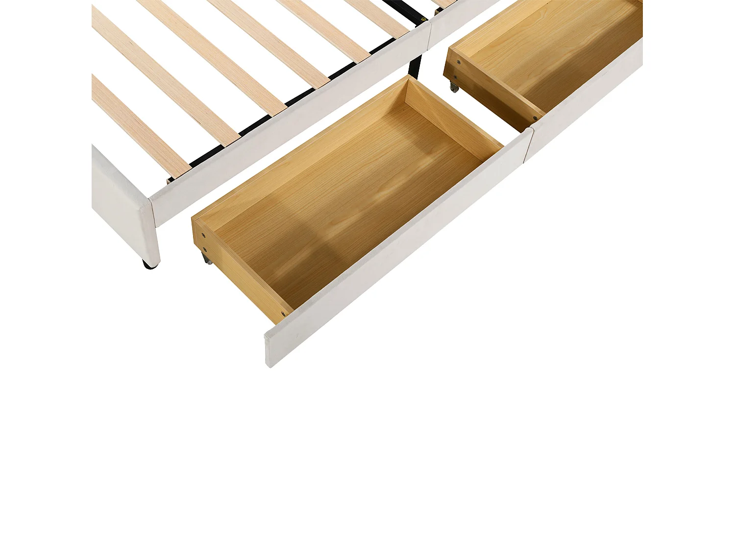 Lit enfant 90 x 200 cm - velours beige - avec tête de lit et sommier à lattes capitonnés - 2 tiroirs - sans matelas