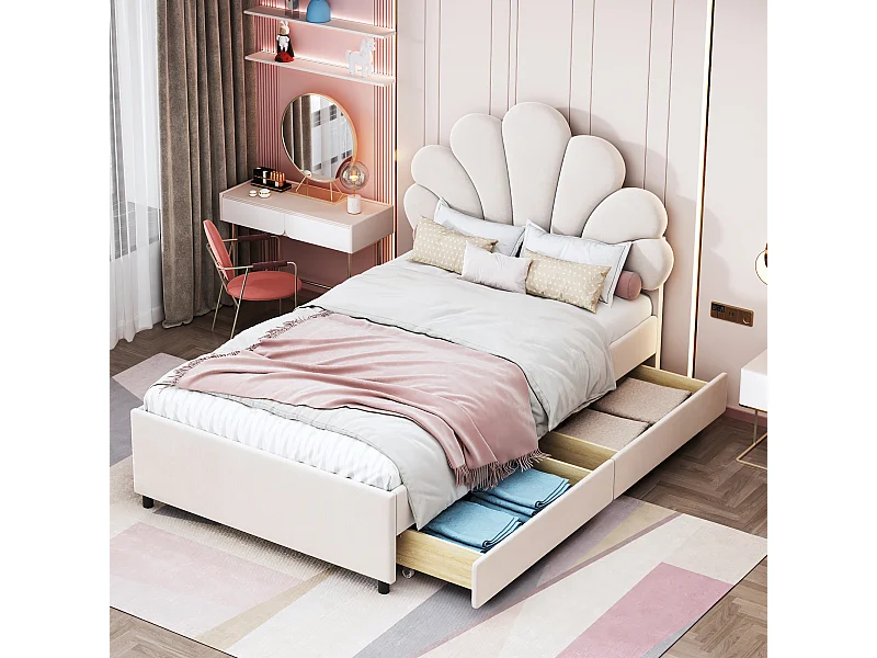 Kinderbett 90 x 200 cm – beigefarbener Samt – mit gepolstertem Kopfteil und Lattenrost – 2 Schubladen – ohne Matratze