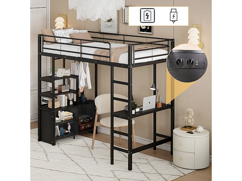 Hochbett 90 x 200 cm – Erwachsenenbett mit USB-Anschlüssen – schwarz – mit Schreibtisch – ohne Matratze