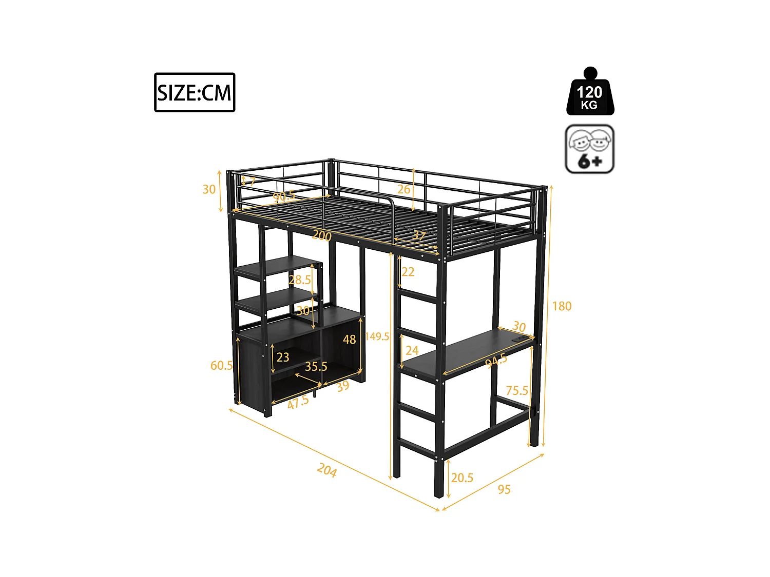 Hochbett 90 x 200 cm – Erwachsenenbett mit USB-Anschlüssen – schwarz – mit Schreibtisch – ohne Matratze