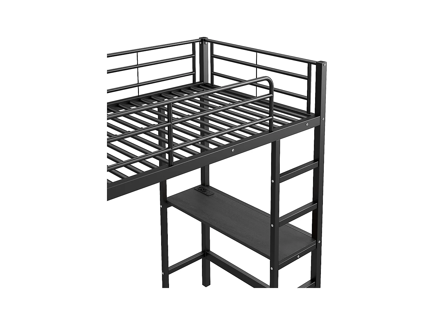 Hochbett 90 x 200 cm – Erwachsenenbett mit USB-Anschlüssen – schwarz – mit Schreibtisch – ohne Matratze