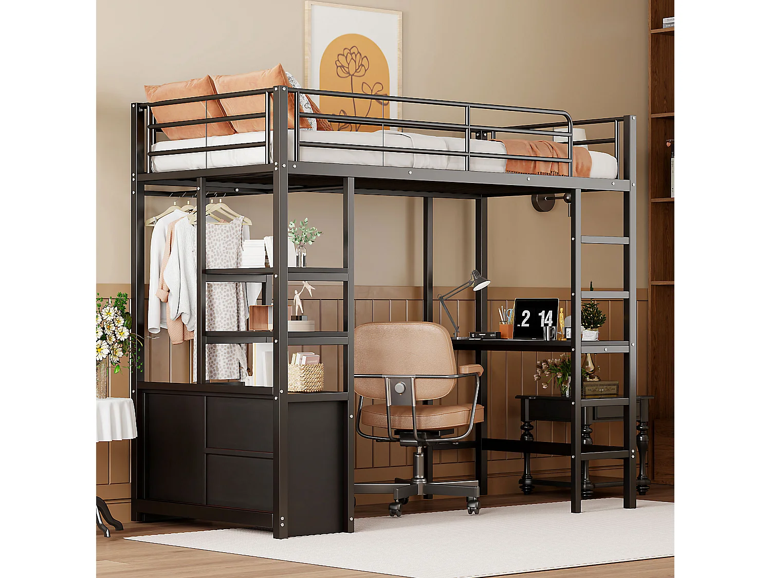 Letto a soppalco 90 x 200 cm - Letto per adulti con porte USB - nero - con scrivania - senza materasso