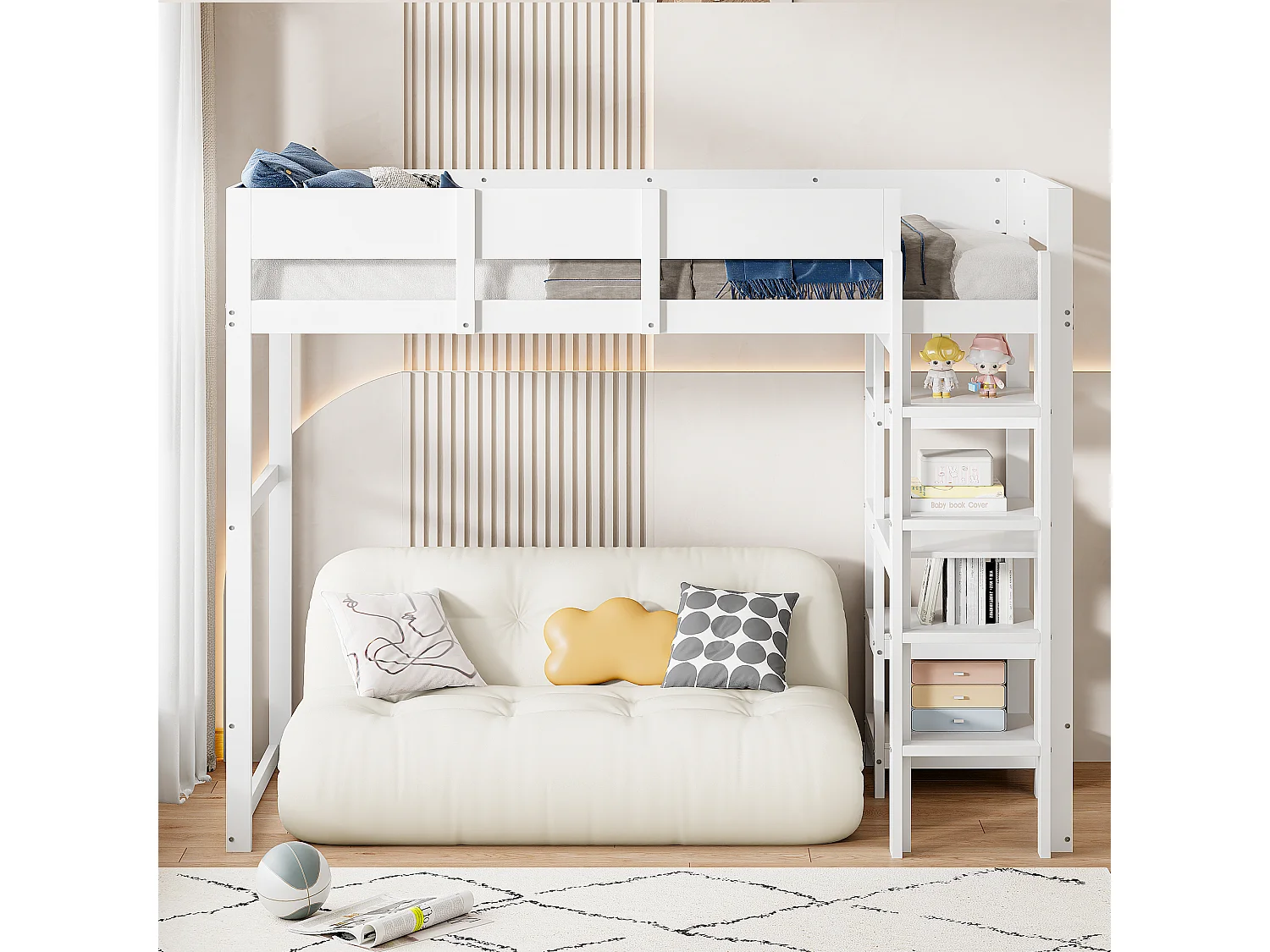 Mezzaninebed 90 x 200 cm - grenen - kinderbed met opbergplank en lattenbodem - wit - zonder matras