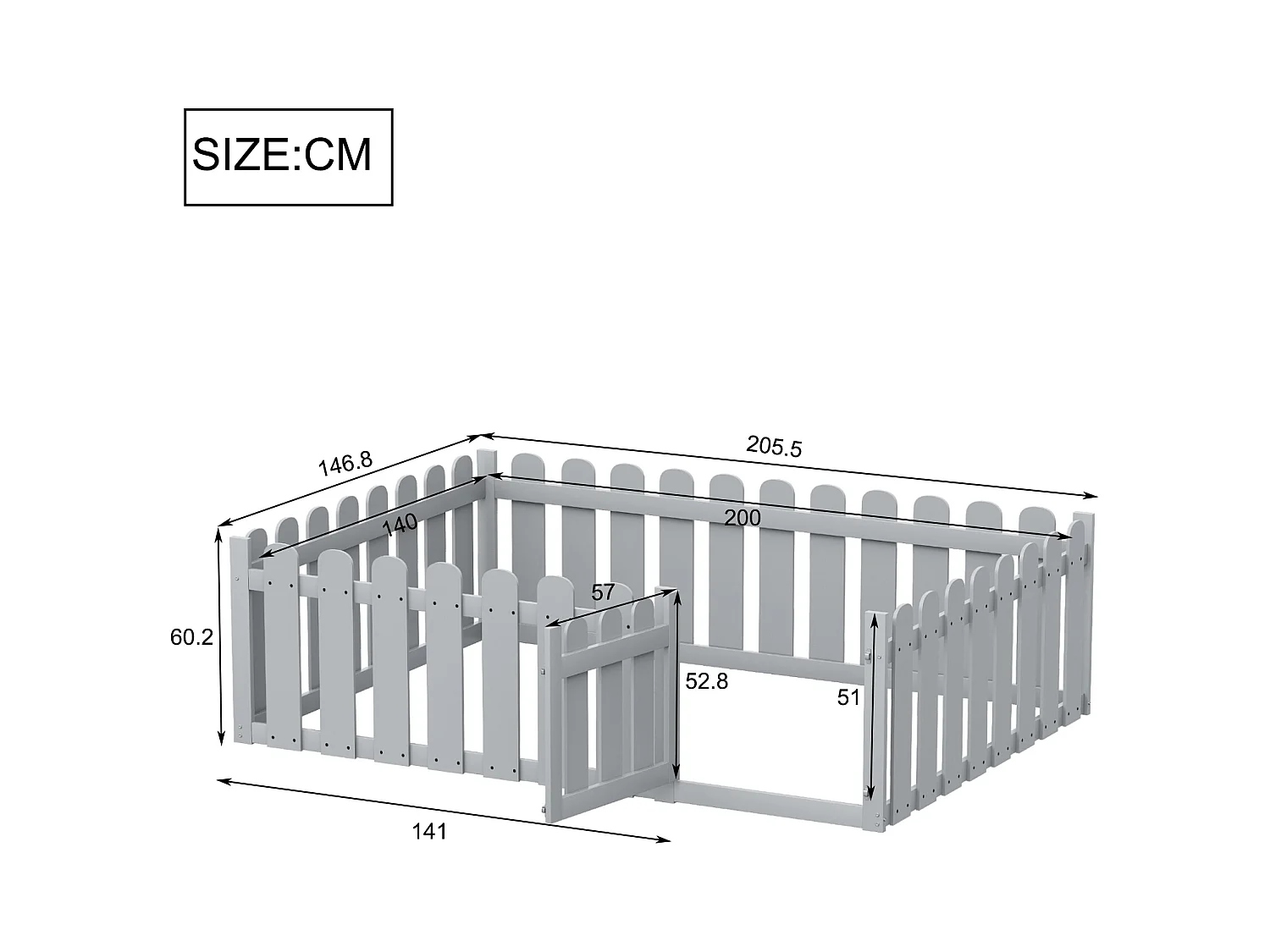 Lit enfant 140x200 cm - bois - avec barrières de sécurité et porte - gris - sans matelas