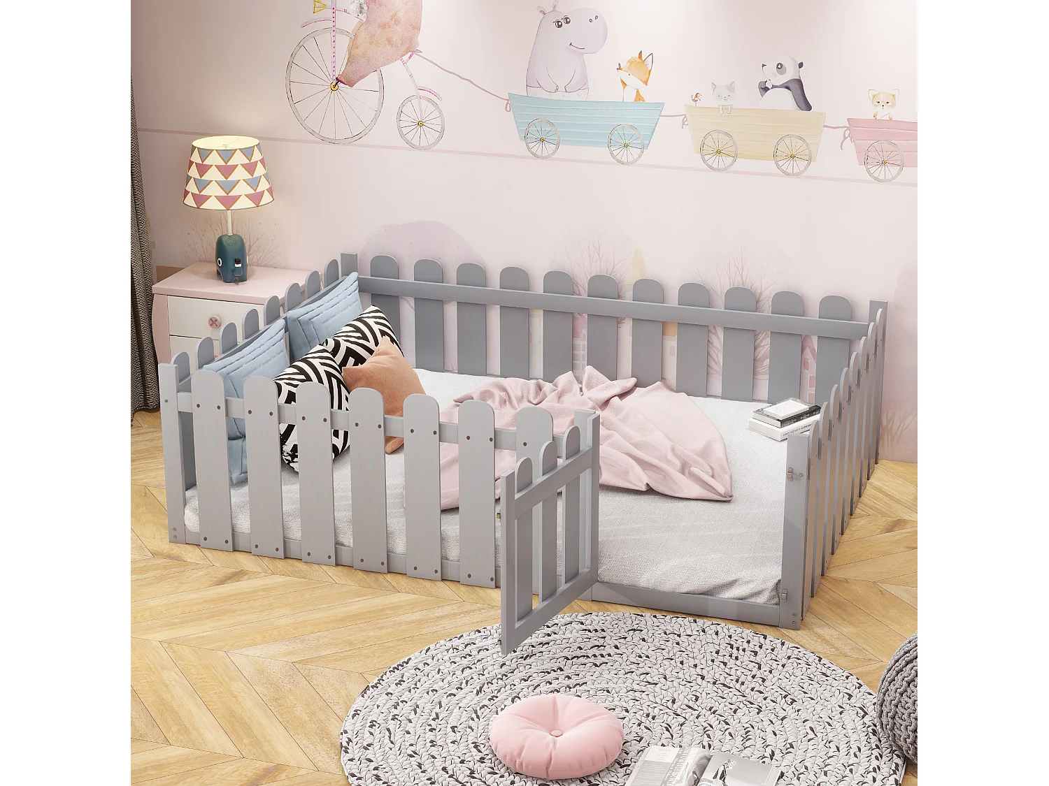 Kinderbett 140 x 200 cm – Holz – mit Seitengitter und Tür – grau – ohne Matratze