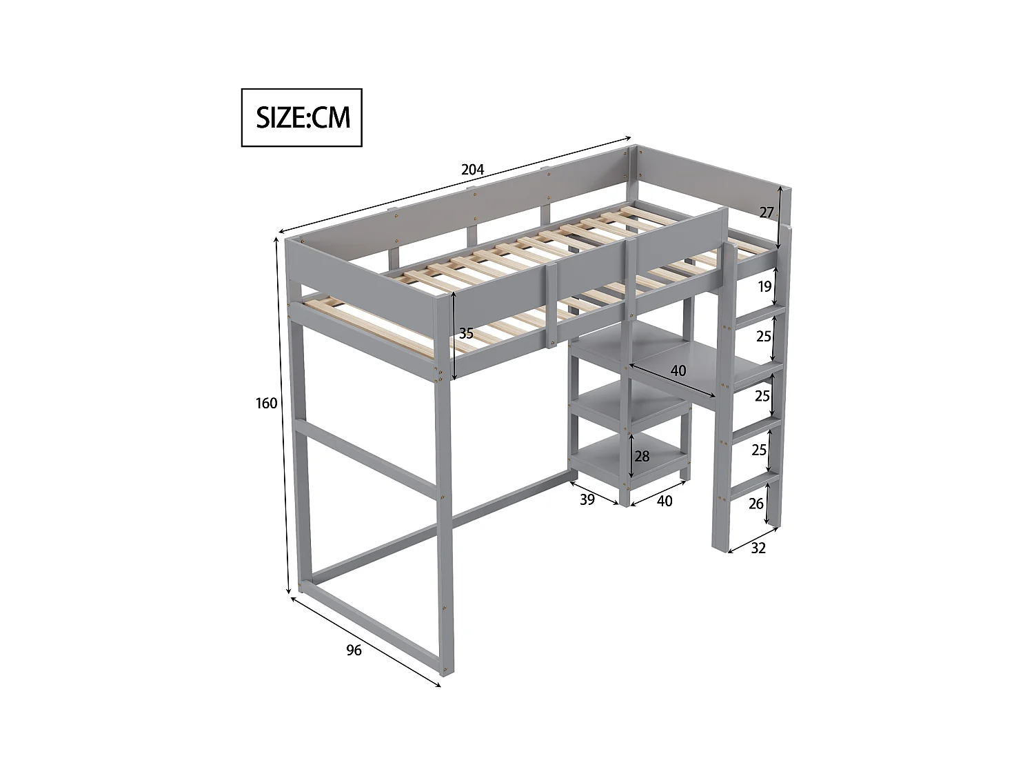 Mezzaninebed 90 x 200 cm - grenen - kinderbed met opbergplank en lattenbodem - grijs - zonder matras