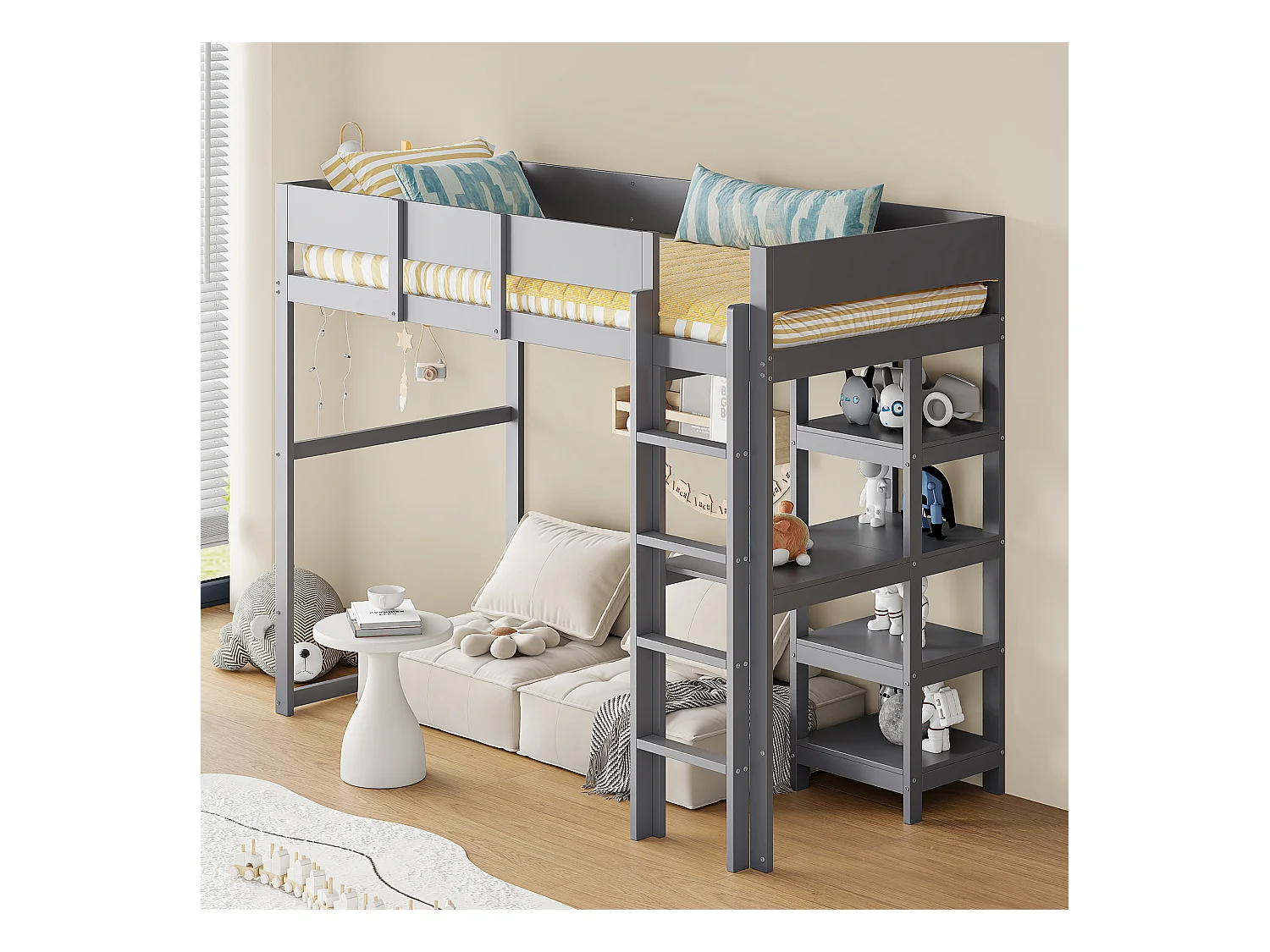 Lit mezzanine 90 x 200 cm - Pin - Lit enfant avec étagère de rangement et sommier à lattes - gris - sans matelas