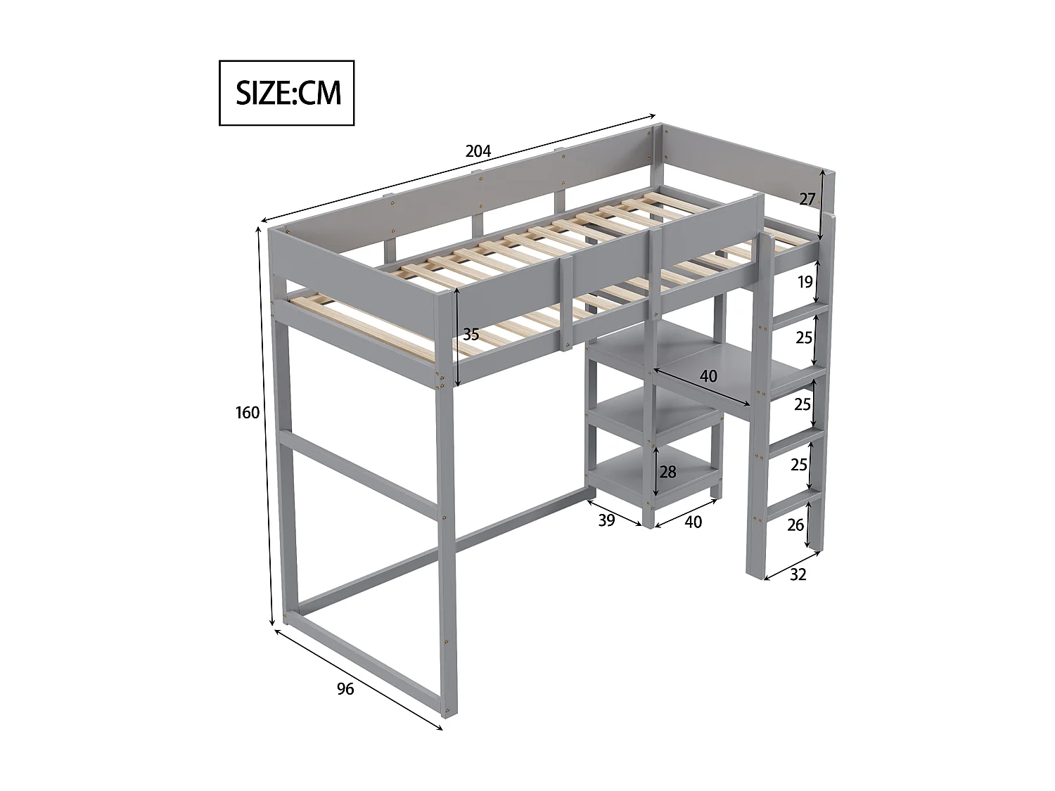 Lit mezzanine 90 x 200 cm - Pin - Lit enfant avec étagère de rangement et sommier à lattes - gris - sans matelas