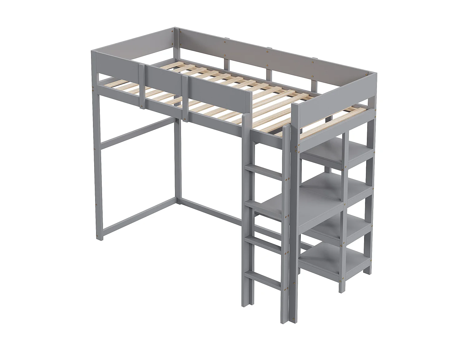 Lit mezzanine 90 x 200 cm - Pin - Lit enfant avec étagère de rangement et sommier à lattes - gris - sans matelas