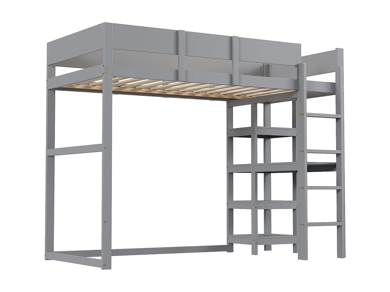 Lit mezzanine 90 x 200 cm - Pin - Lit enfant avec étagère de rangement et sommier à lattes - gris - sans matelas