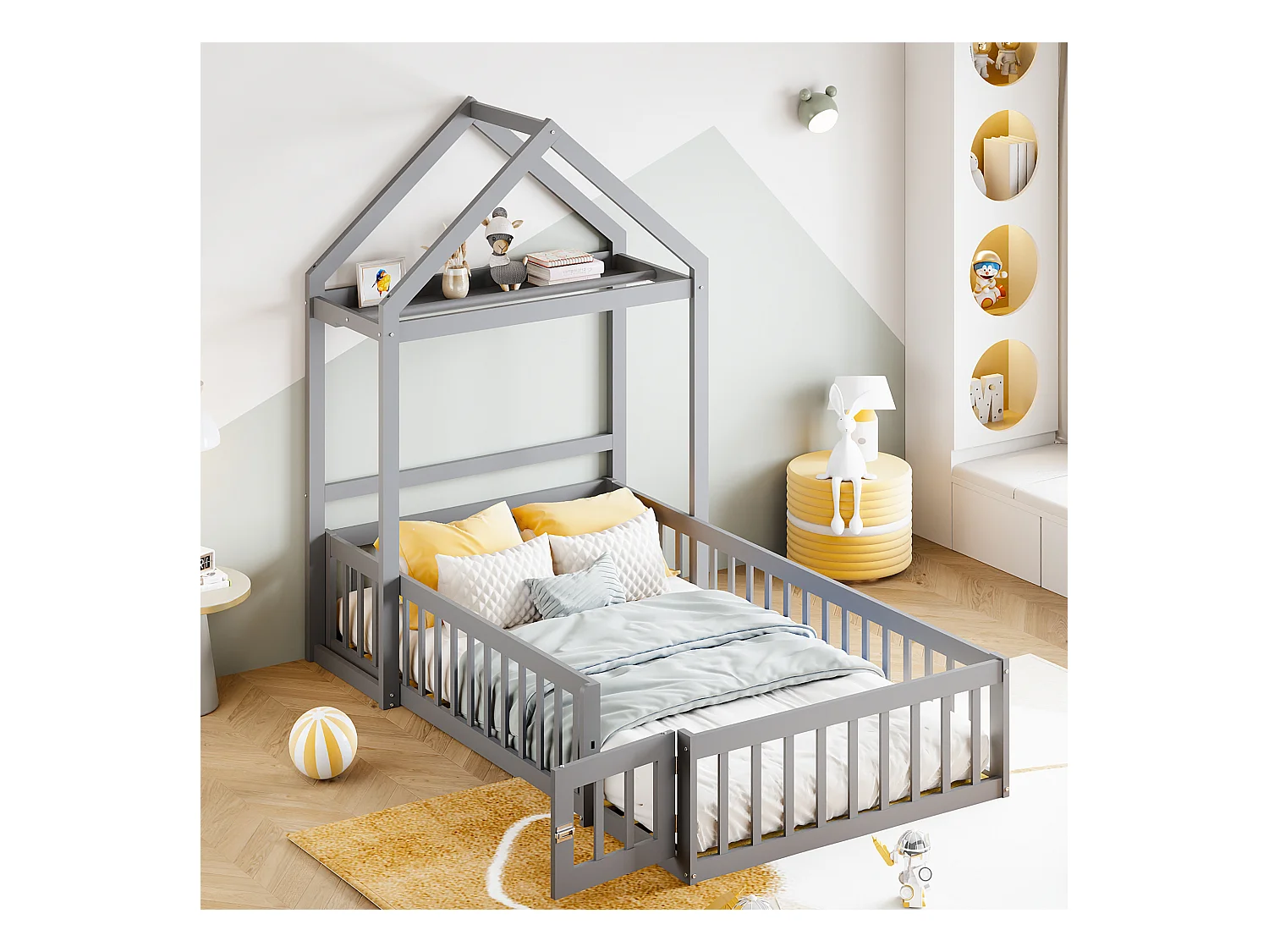 Lit enfant 90x200 cm - Lit avec porte de sécurité et sommier à lattes en bois - Gris - Sans matelas