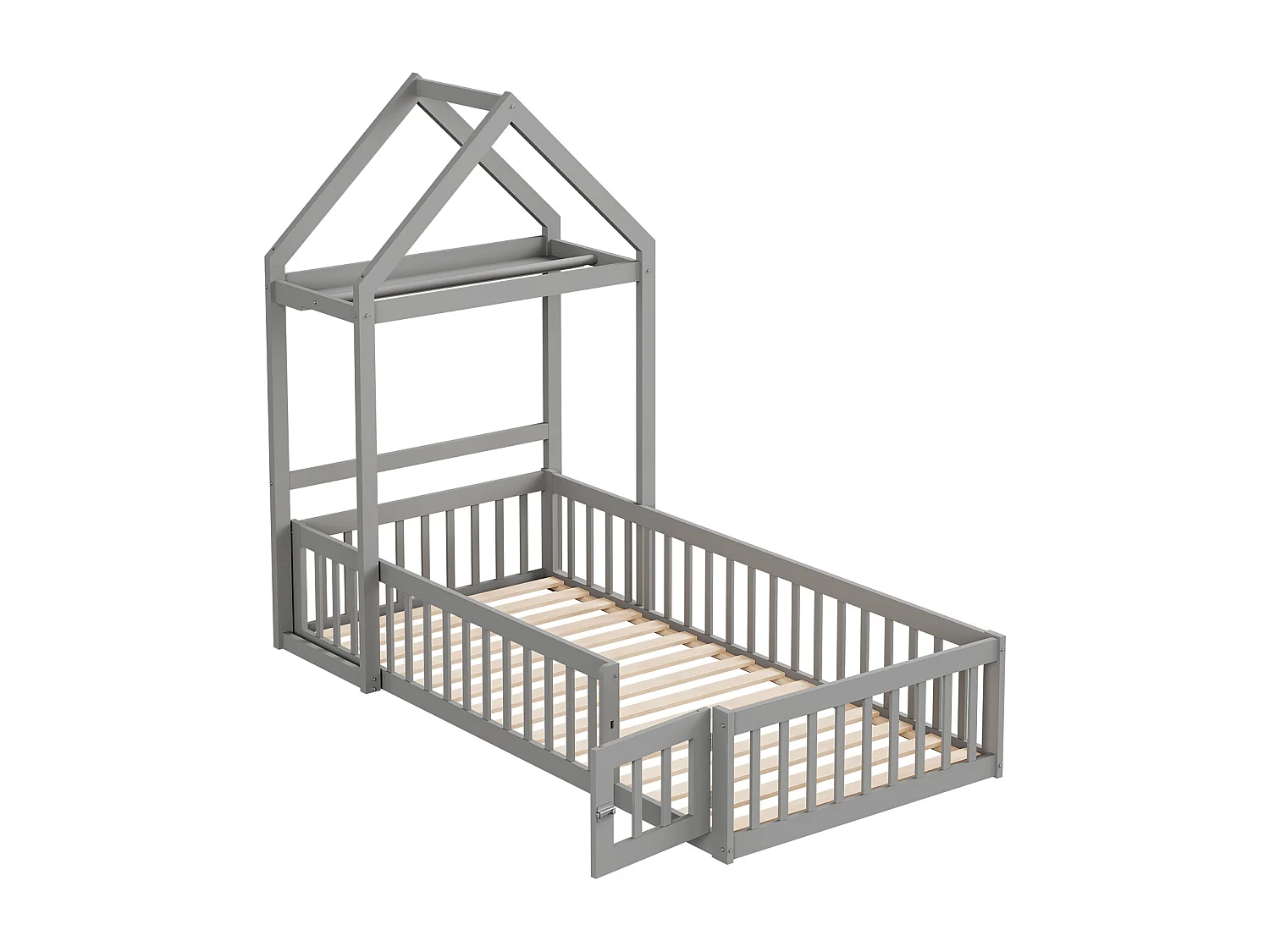 Lit enfant 90x200 cm - Lit avec porte de sécurité et sommier à lattes en bois - Gris - Sans matelas