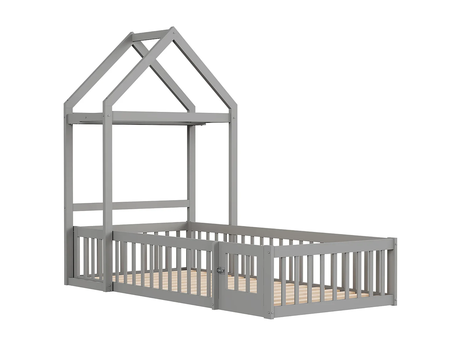 Lit enfant 90x200 cm - Lit avec porte de sécurité et sommier à lattes en bois - Gris - Sans matelas