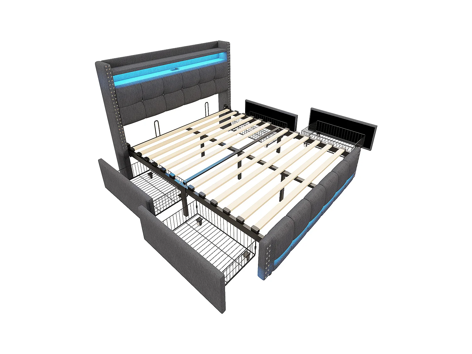 Bed met lades 140 x 200 cm - Grijs linnen - Gestoffeerd bed met ledverlichting en USB-aansluiting - 4 lades - zonder matras