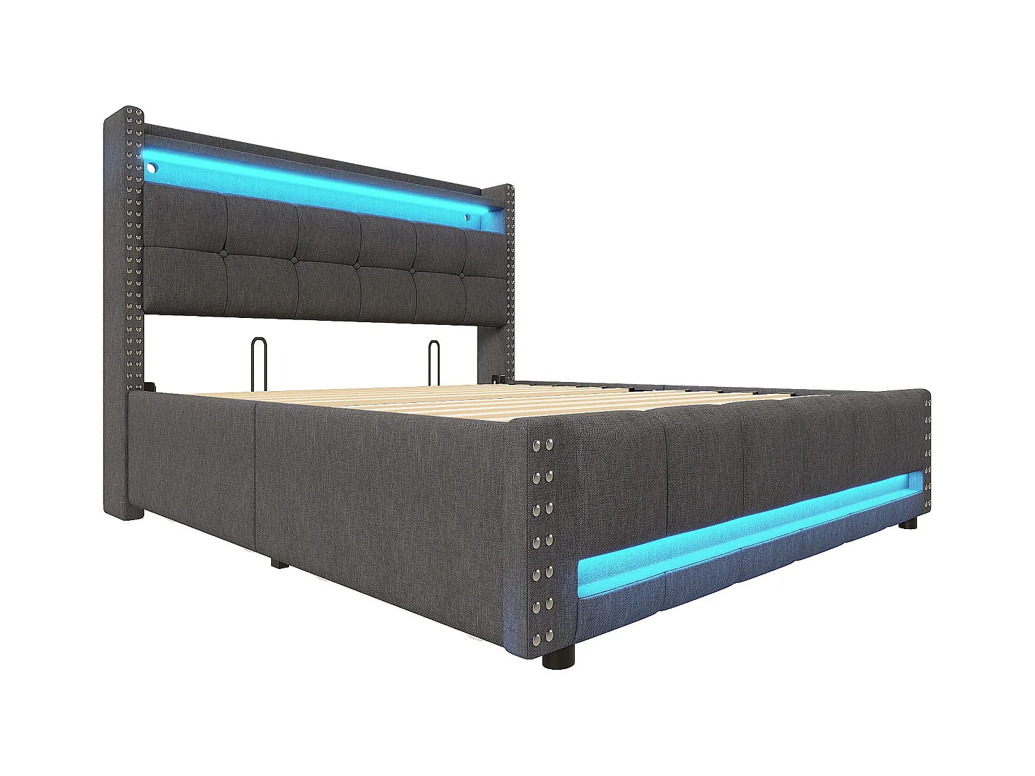 Bed met lades 140 x 200 cm - Grijs linnen - Gestoffeerd bed met ledverlichting en USB-aansluiting - 4 lades - zonder matras