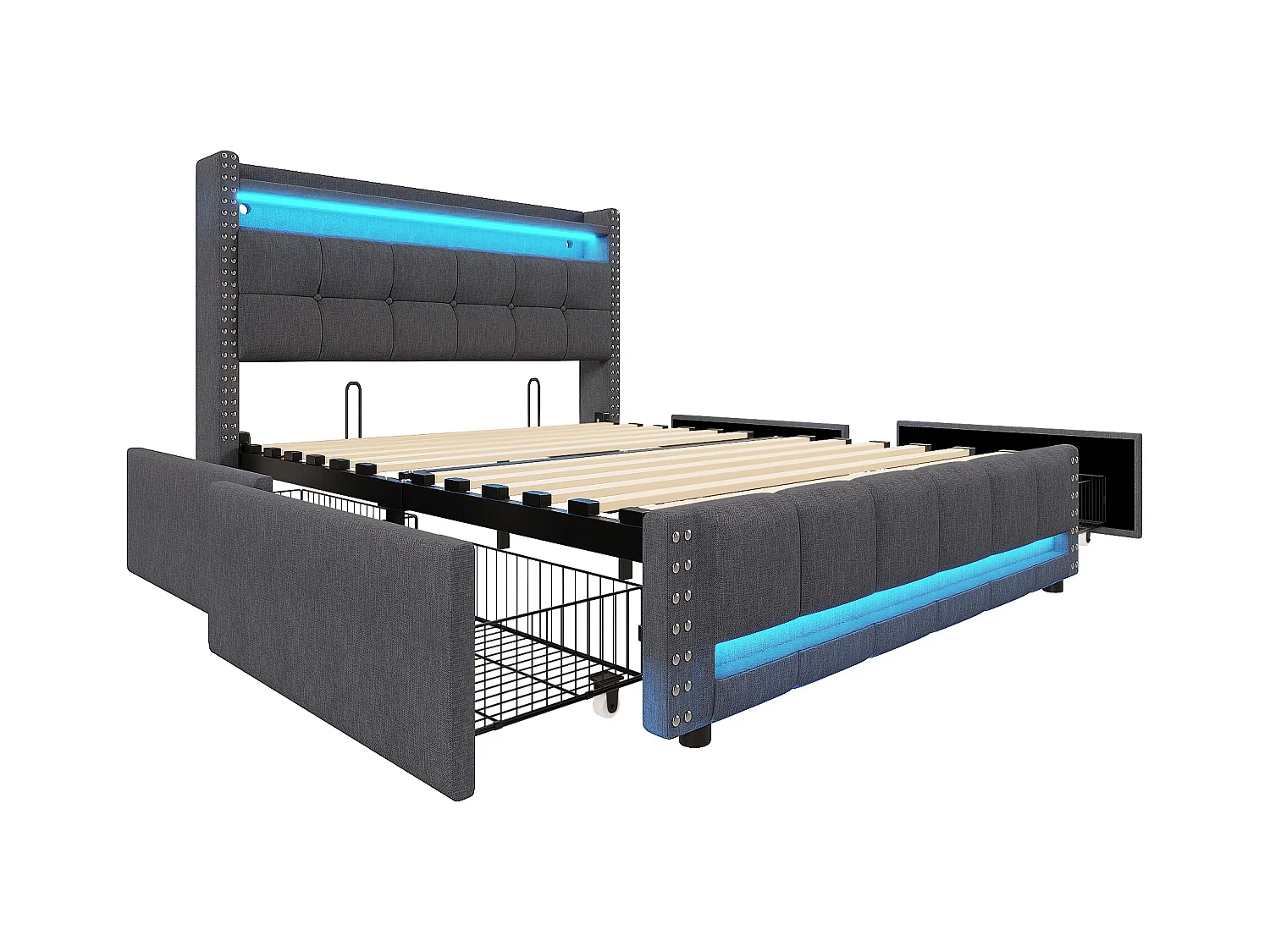 Bed met lades 140 x 200 cm - Grijs linnen - Gestoffeerd bed met ledverlichting en USB-aansluiting - 4 lades - zonder matras