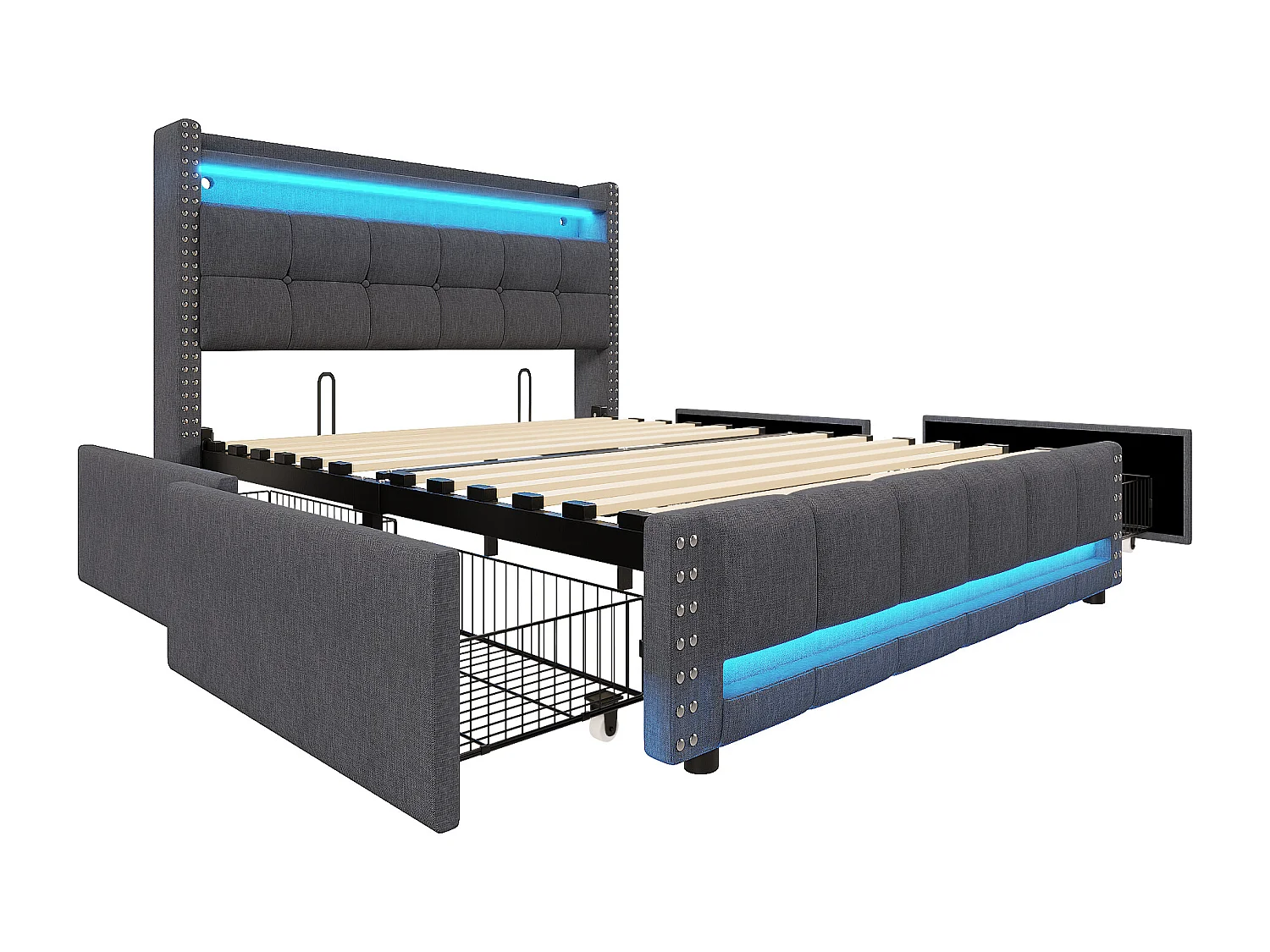 Bett mit Schubladen 140 x 200 cm – Graues Leinen – Polsterbett mit LED-Beleuchtung und USB-Anschluss – 4 Schubladen – ohne Matratze