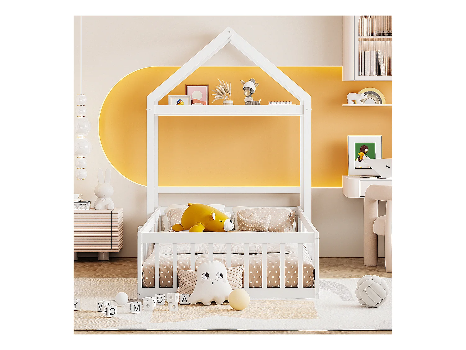 Letto per bambini 90x200 cm - Letto con porta di sicurezza e rete a doghe in legno - Bianco - Senza materasso