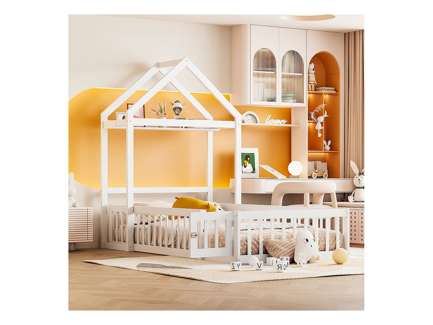 Letto per bambini 90x200 cm - Letto con porta di sicurezza e rete a doghe in legno - Bianco - Senza materasso