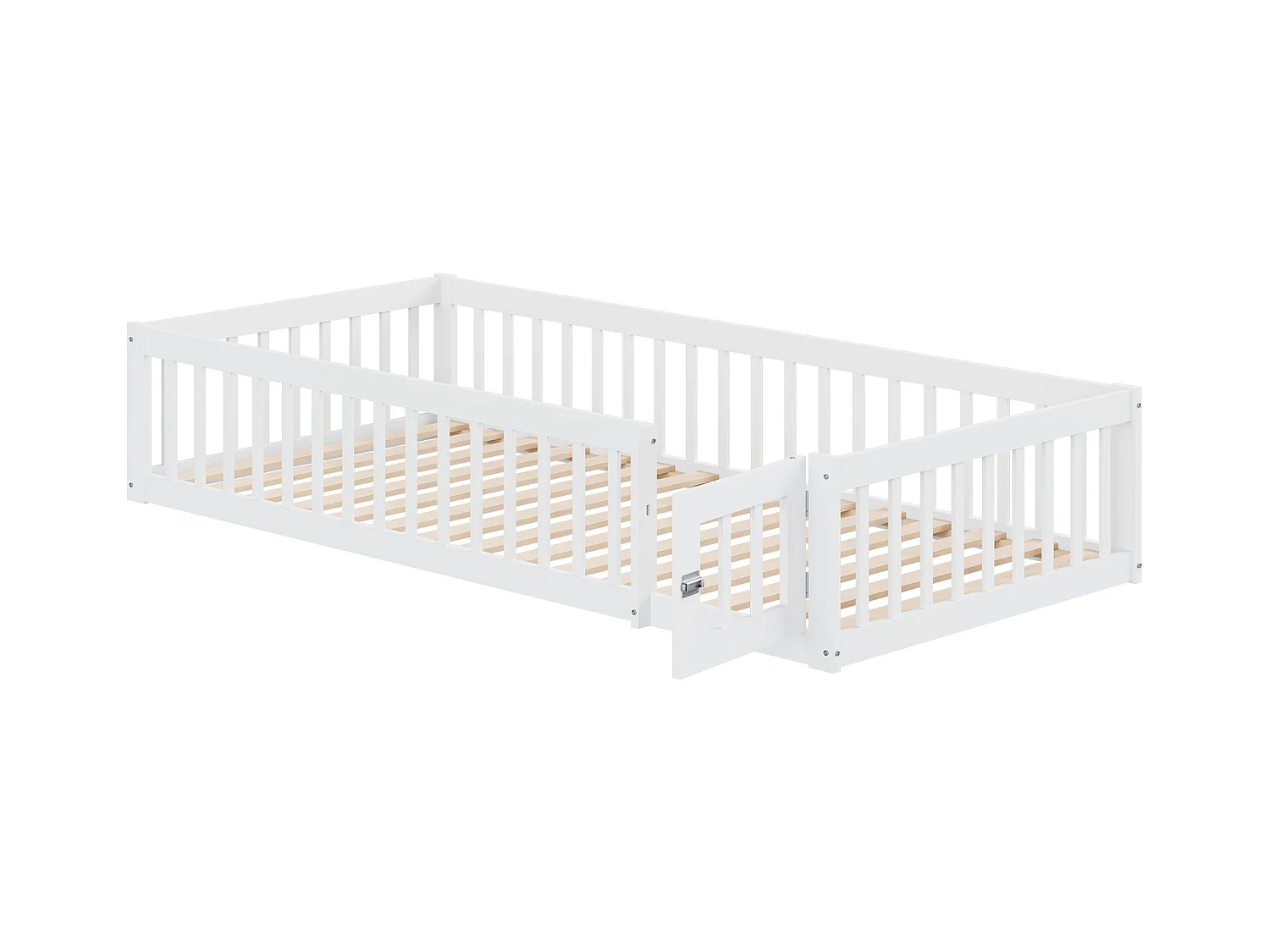 Letto per bambini 90x200 cm - Letto con porta di sicurezza e rete a doghe in legno - Bianco - Senza materasso