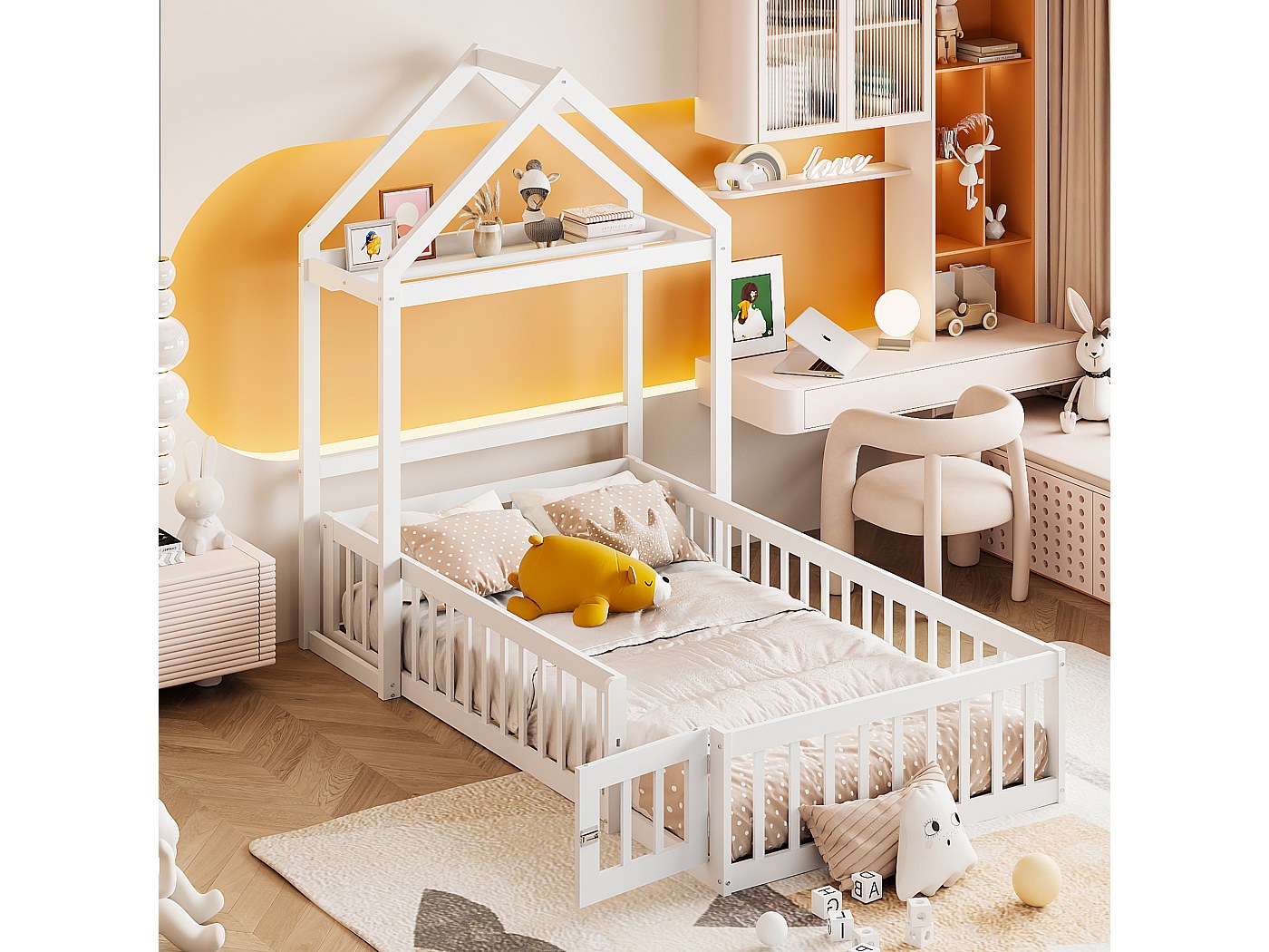 Lit Enfant En Bois 90x190 Cm Avec Toit Et Barrières - Blanc, Porte Verrouillable, Sommier à Lattes (sans Matelas)