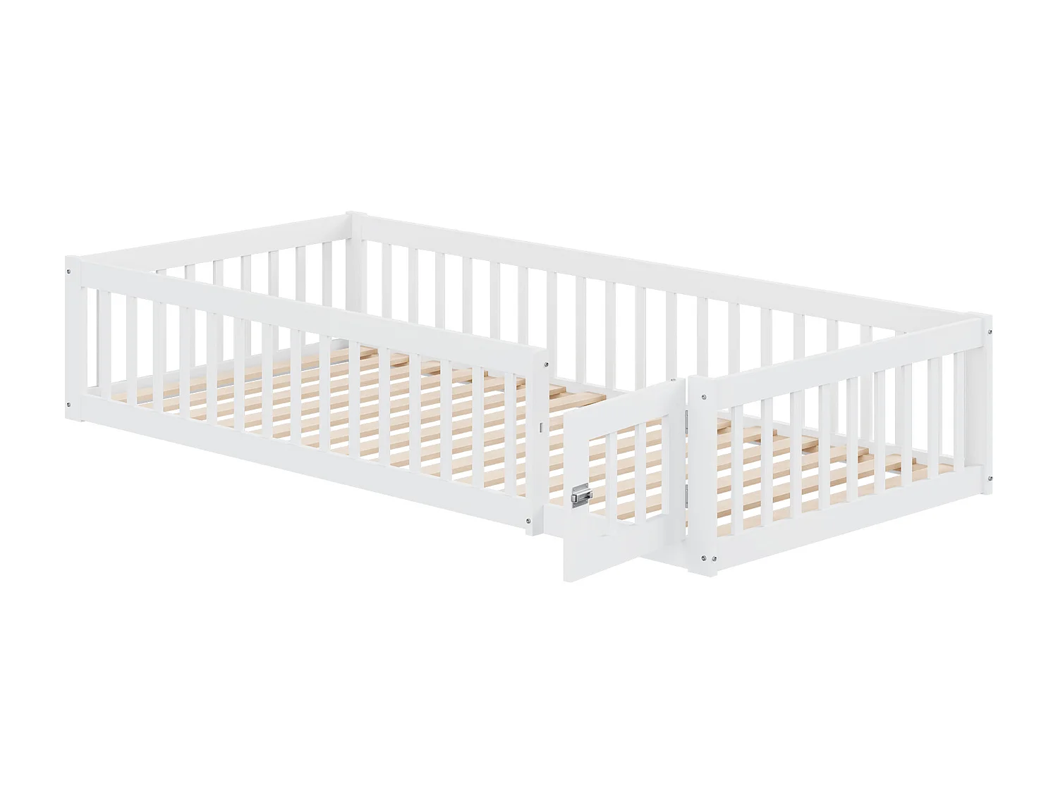 Lit enfant 90x200 cm - Lit avec porte de sécurité et sommier à lattes en bois - Blanc - Sans matelas