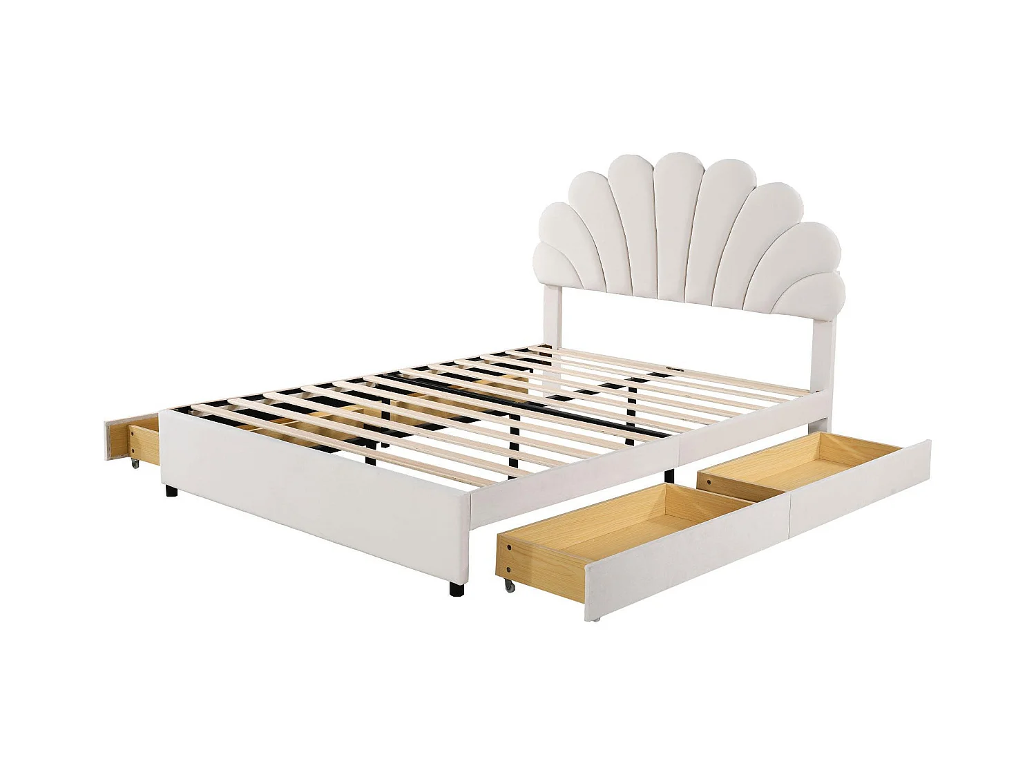 Lit adulte 140 x 200 cm - velours beige - avec tête de lit et sommier à lattes capitonnés - 4 tiroirs - sans matelas