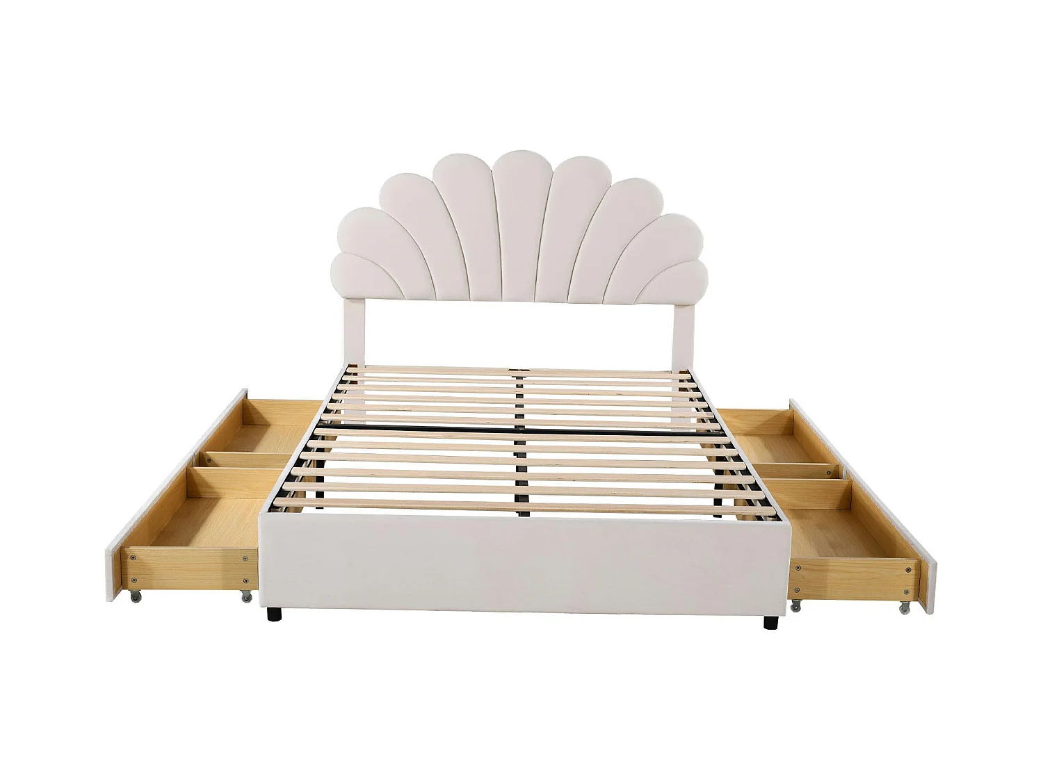 Lit adulte 140 x 200 cm - velours beige - avec tête de lit et sommier à lattes capitonnés - 4 tiroirs - sans matelas