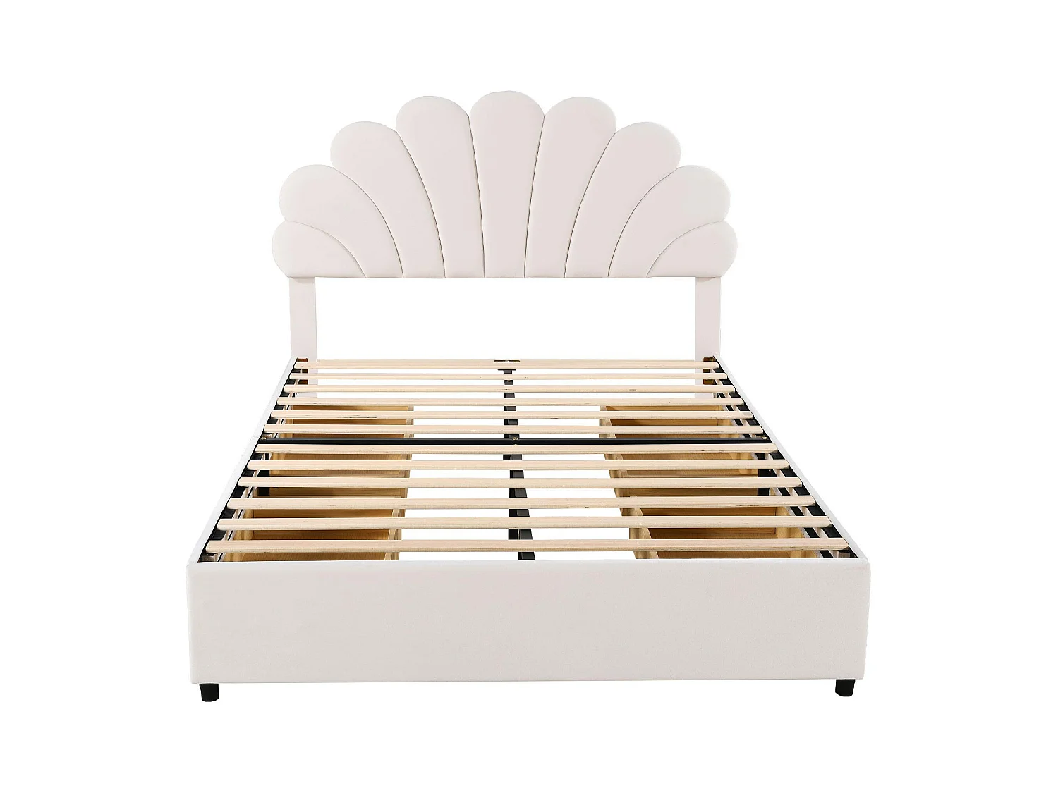 Lit adulte 140 x 200 cm - velours beige - avec tête de lit et sommier à lattes capitonnés - 4 tiroirs - sans matelas