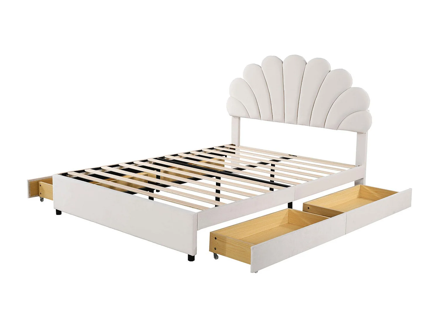 Lit adulte 140 x 200 cm - velours beige - avec tête de lit et sommier à lattes capitonnés - 4 tiroirs - sans matelas