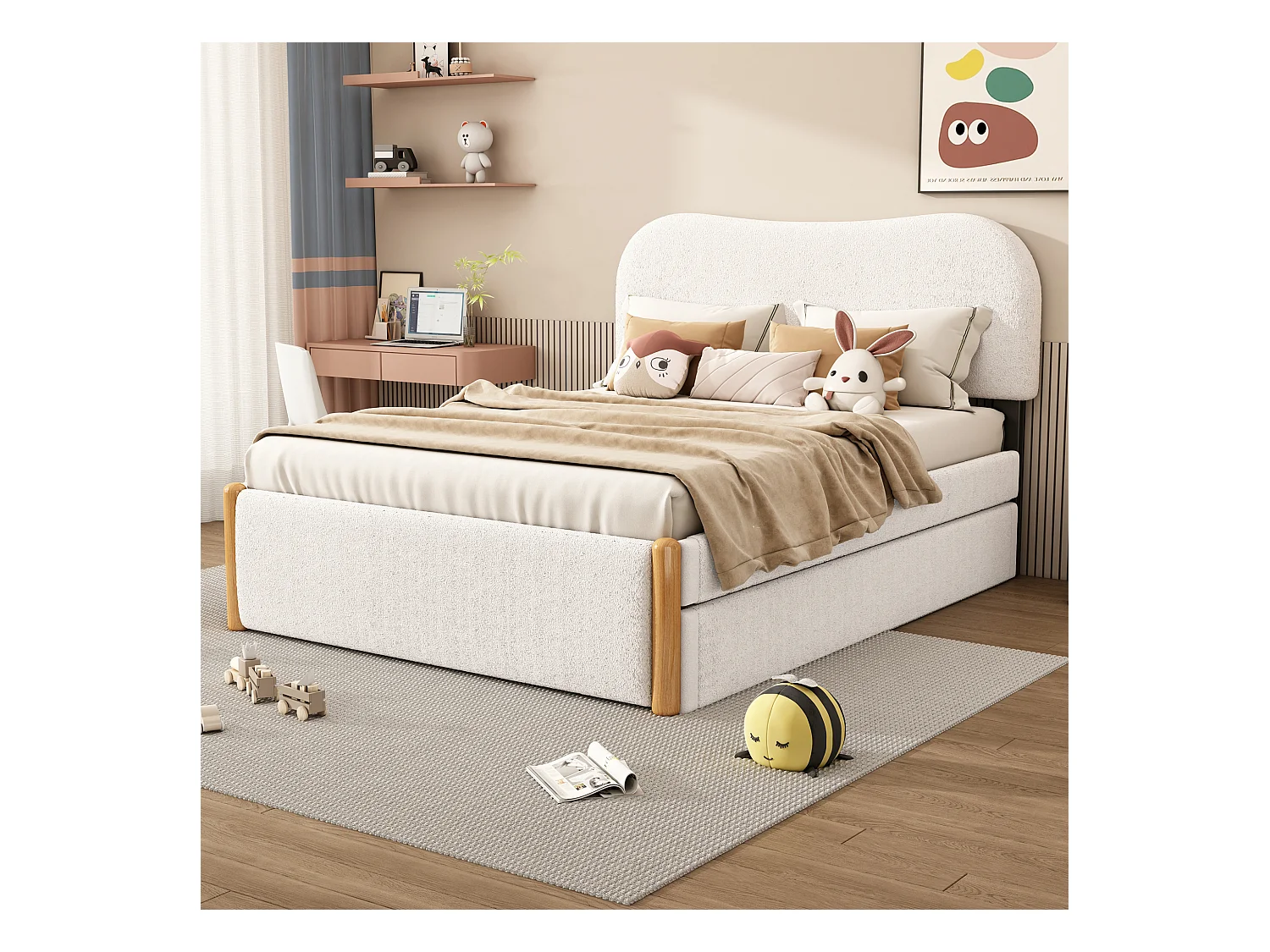 Łóżko dziecięce 140x200 cm, biały plusz, z łóżkiem wysuwanym i stelażem z listew, bez materaca