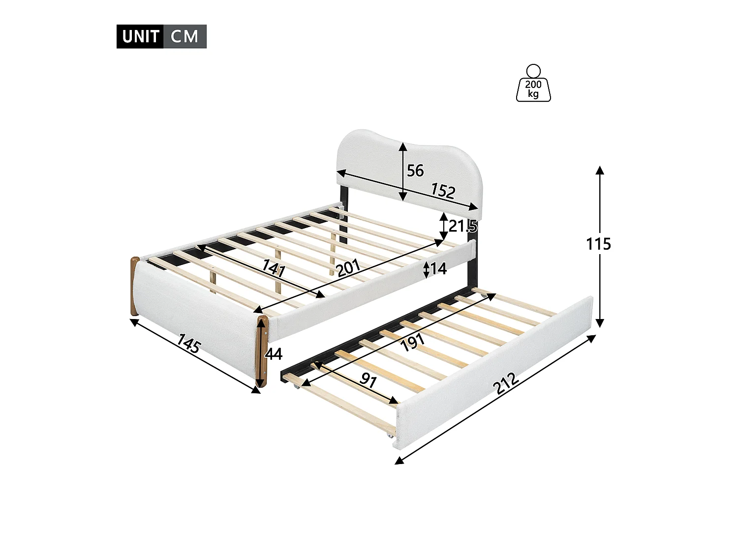 Łóżko dziecięce 140x200 cm, biały plusz, z łóżkiem wysuwanym i stelażem z listew, bez materaca