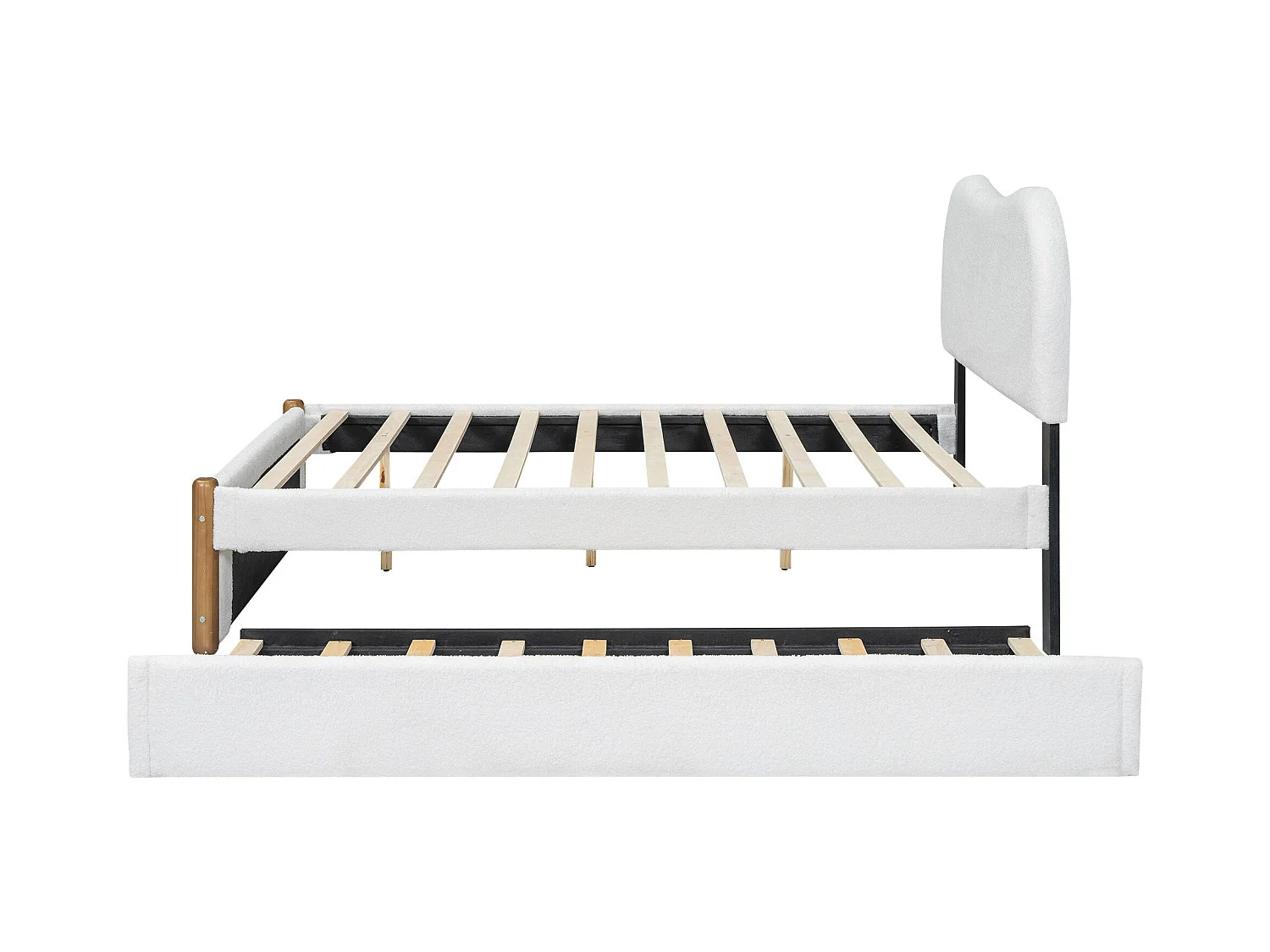 Łóżko dziecięce 140x200 cm, biały plusz, z łóżkiem wysuwanym i stelażem z listew, bez materaca